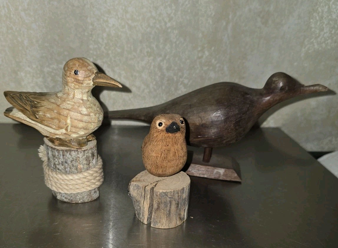 THREE Vintage Carved Wood Bird Figurine Sculptures. AS IS