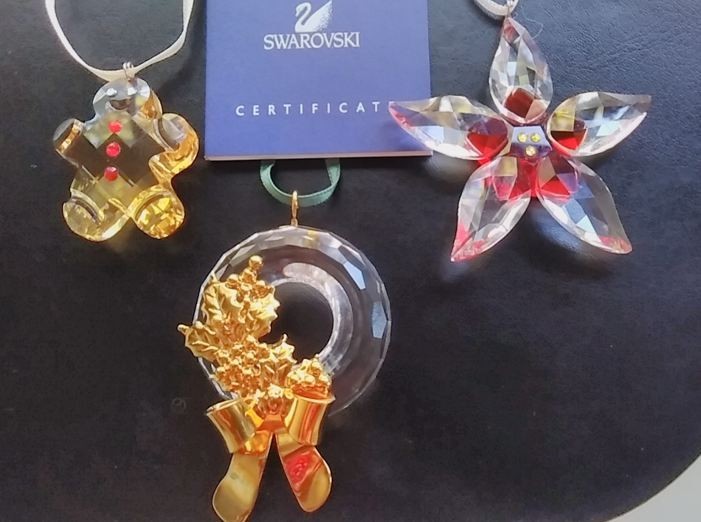 Swarovski Crystal Christmas Ornaments Set of 3-Wreath, Gingerman,Poinsettia MINT