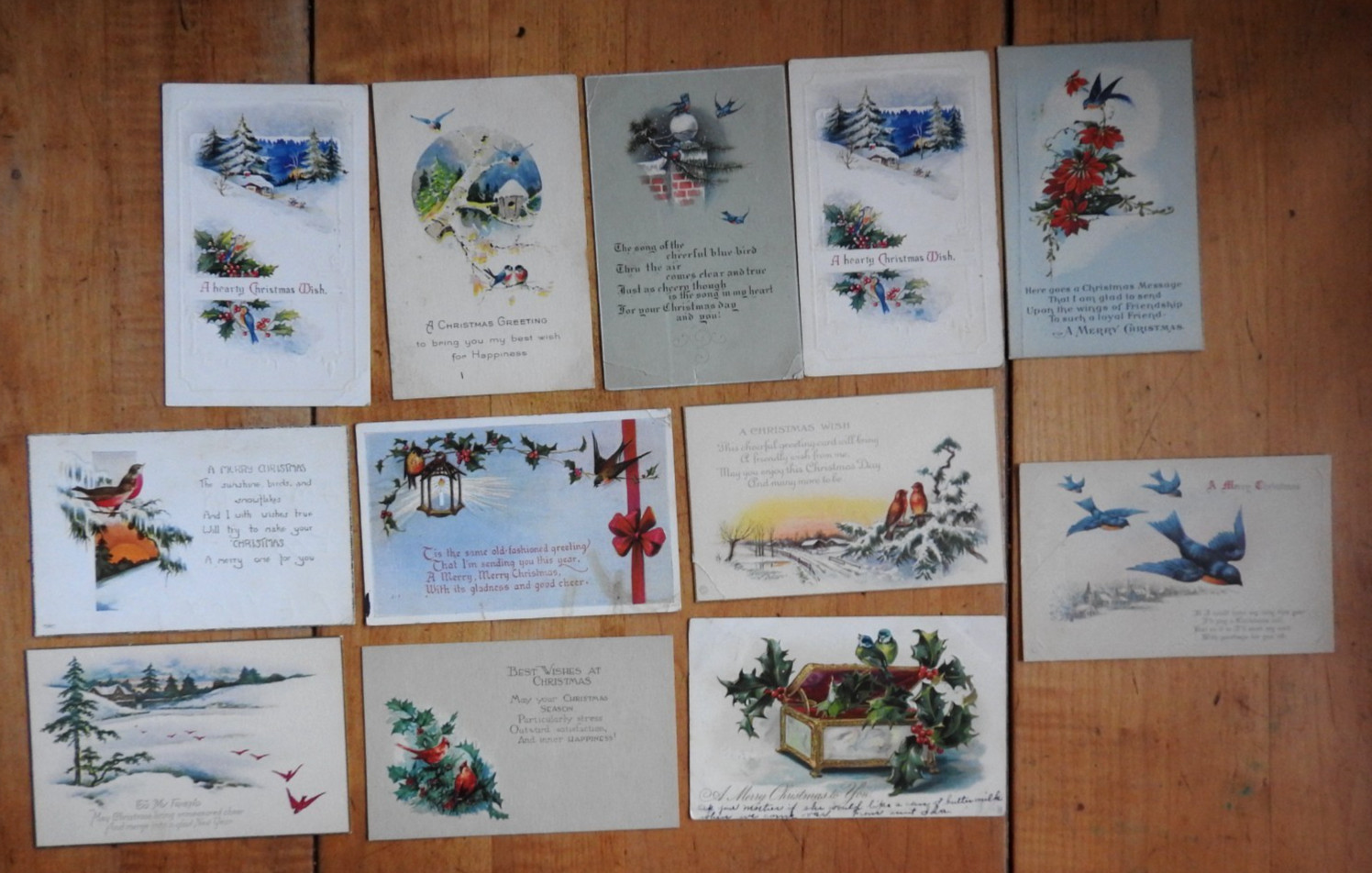Group of 12 Antique Postcards: Christmas, BIRDS, CARDINALS, Bluebirds 1908-1927
