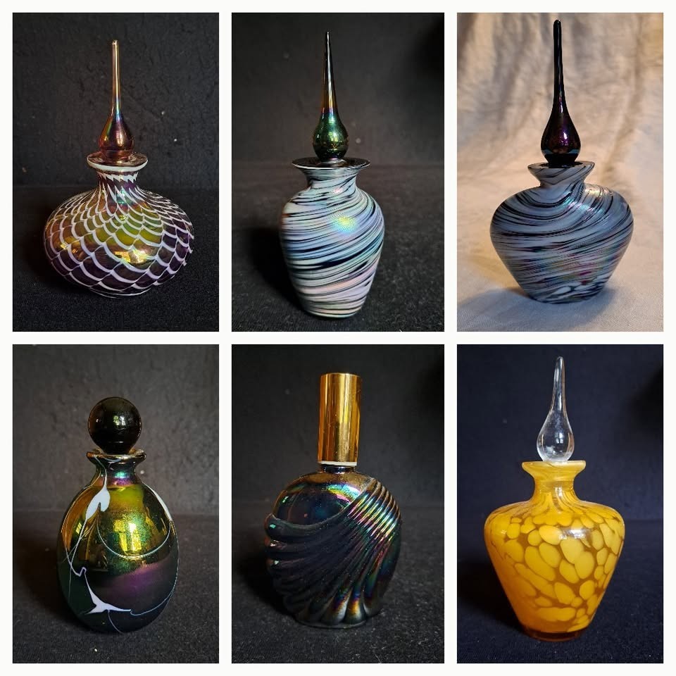 Lot of 6 Vintage Art Glass Perfume Bottles - iridescent, carnival glass, stopper