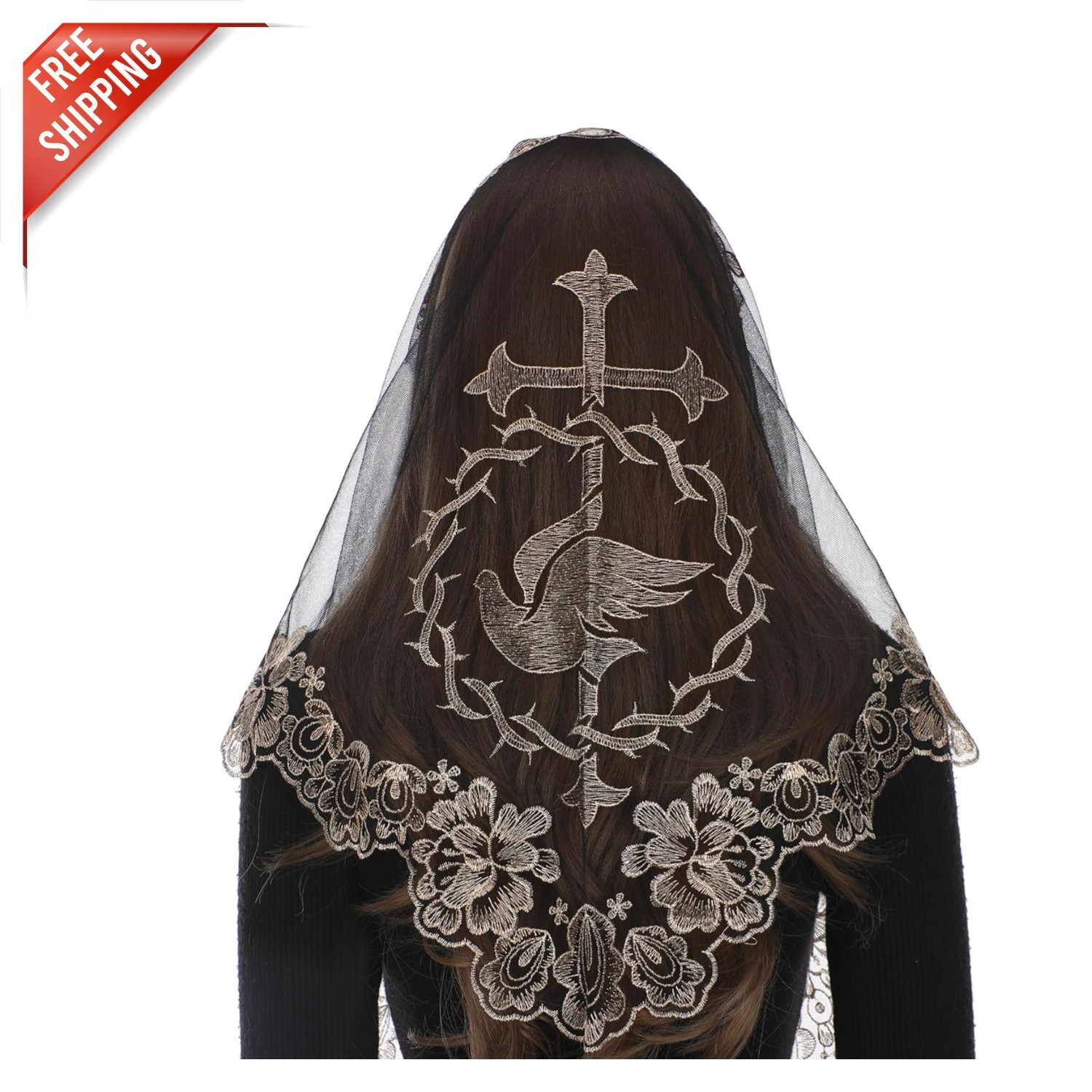 Elegantly Embroidered Triangle Church Veil for Women - Black Gold Lace Mantilla