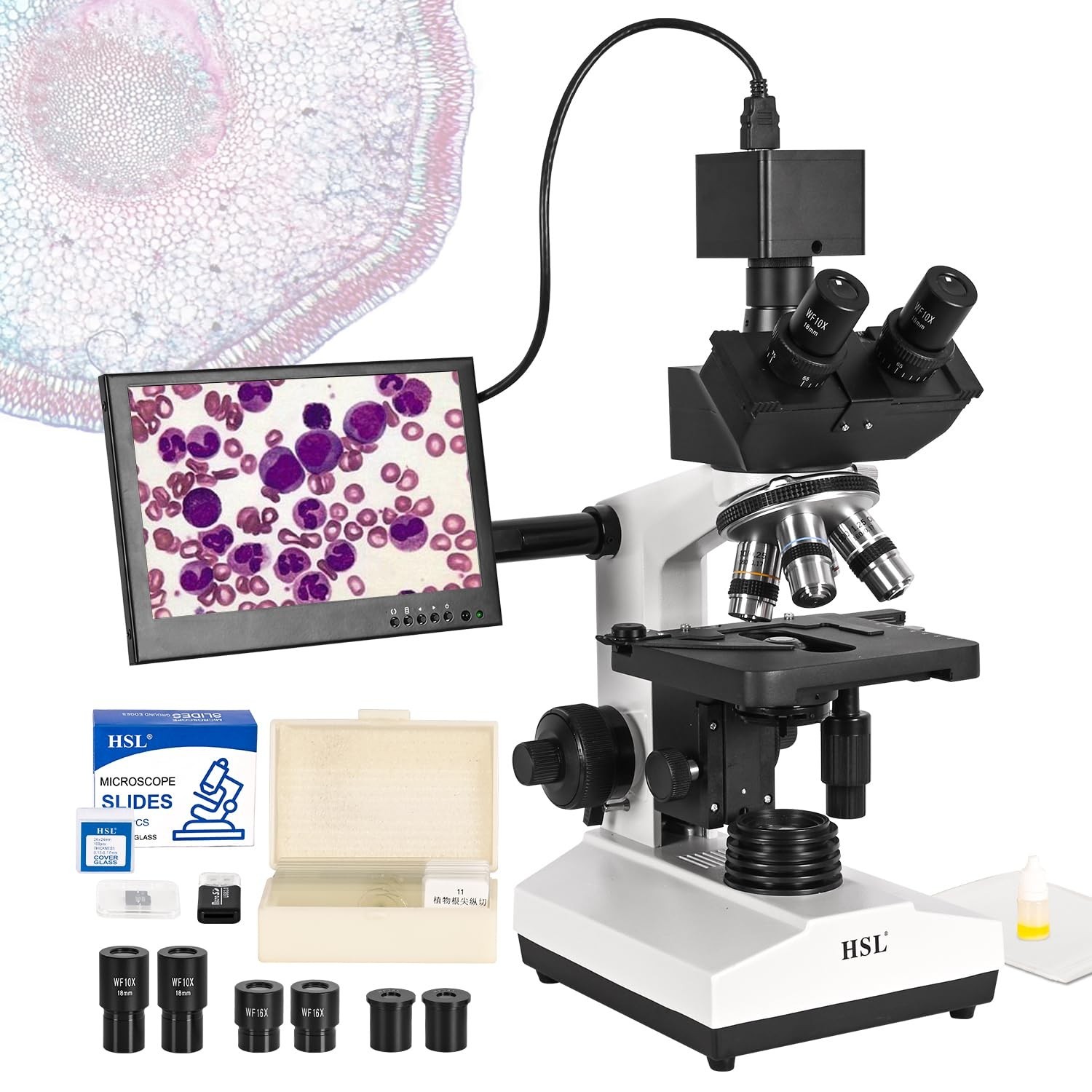 HSL 8-inch LCD Compound Trinocular Microscope,40x-2500x Professional Biologic...