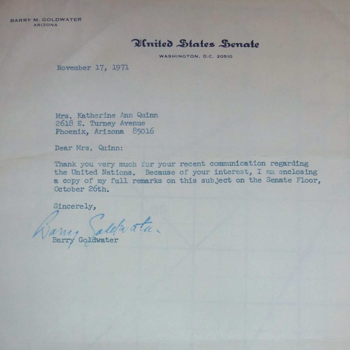1971 Barry Goldwater Signed US Senate Letter Phoenix constituent UN Remarks