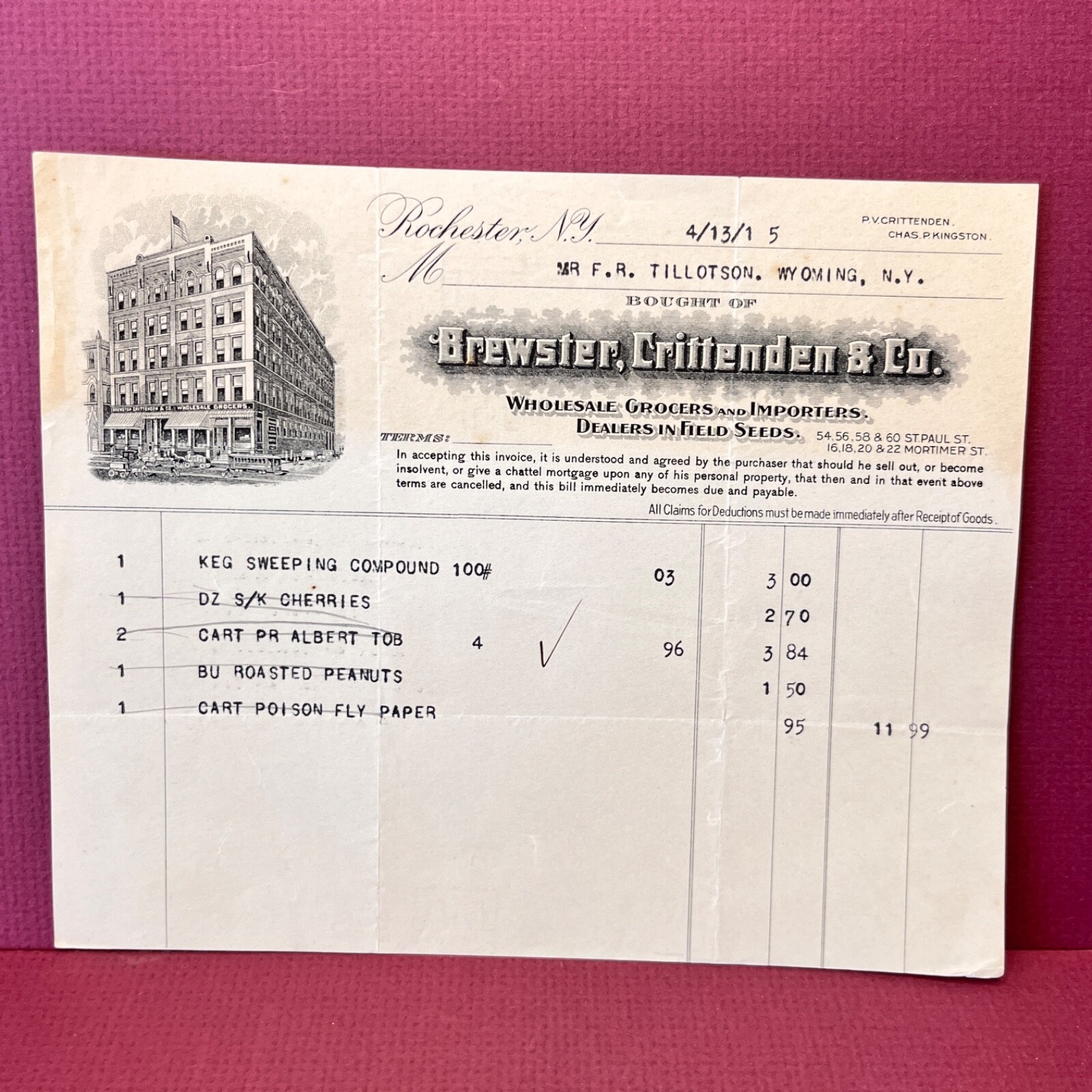 Antique billhead receipt  Brewster Grocers 4/13/15 Rochester NY SL2