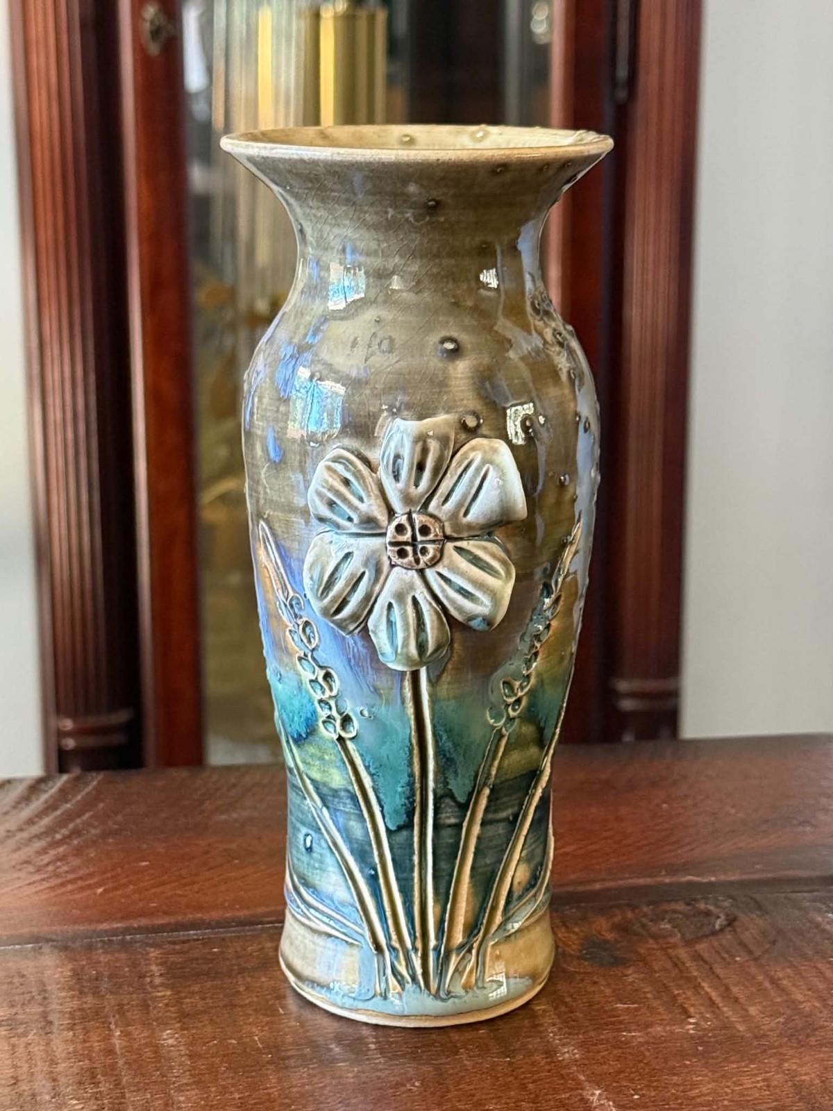 Studio Art Pottery Flared Vase Signed JM Applied Flower 3D Turquoise Brown 7.5