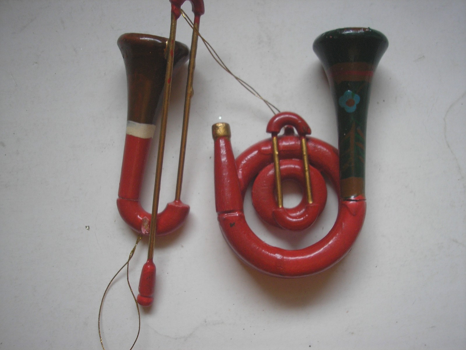 RARE Vintage Wooden Tuba and Trombone Ornaments Nice 3.5\