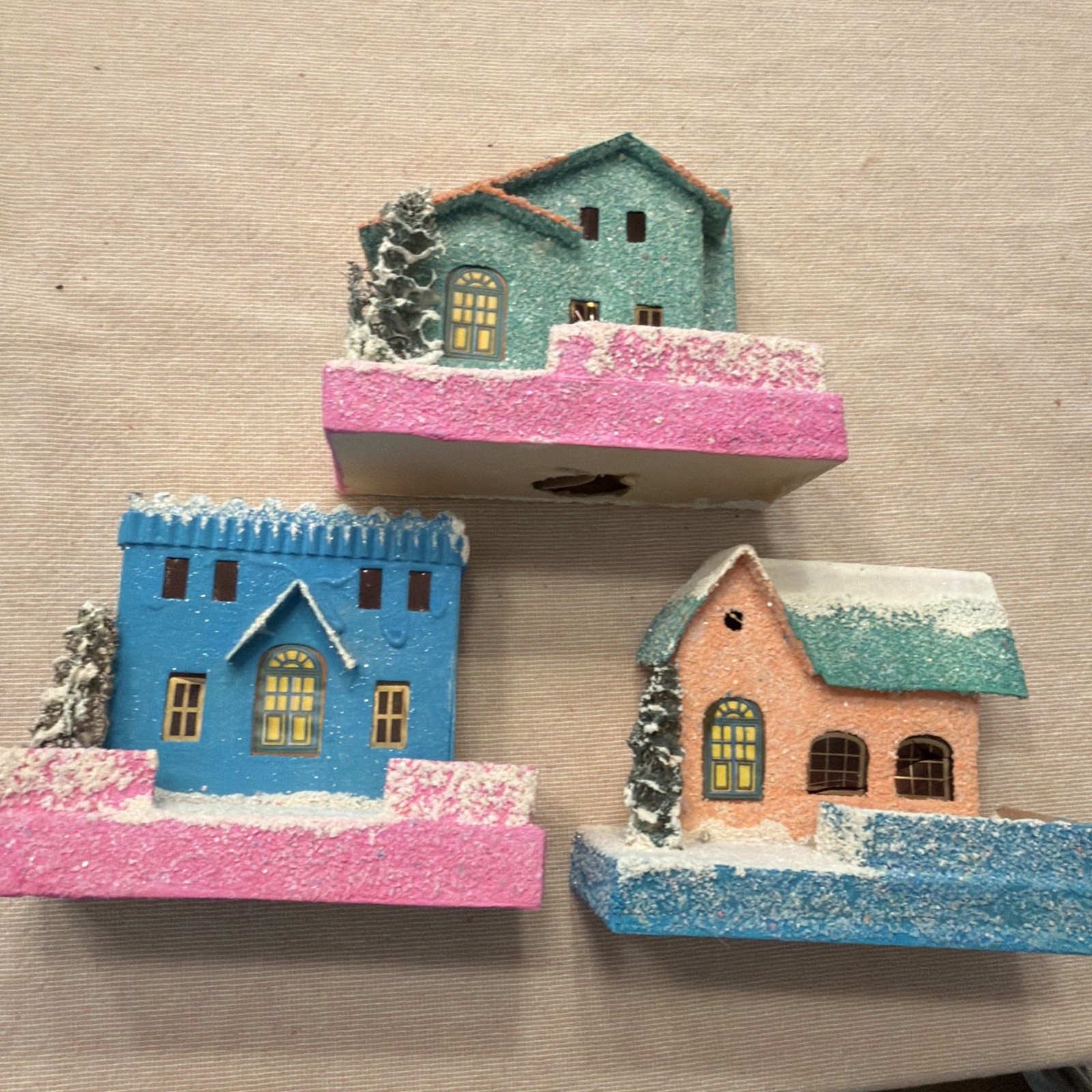 Lot of 3 Vintage Putz Houses Japan Christmas Village Cardboard Mica Trees 1950