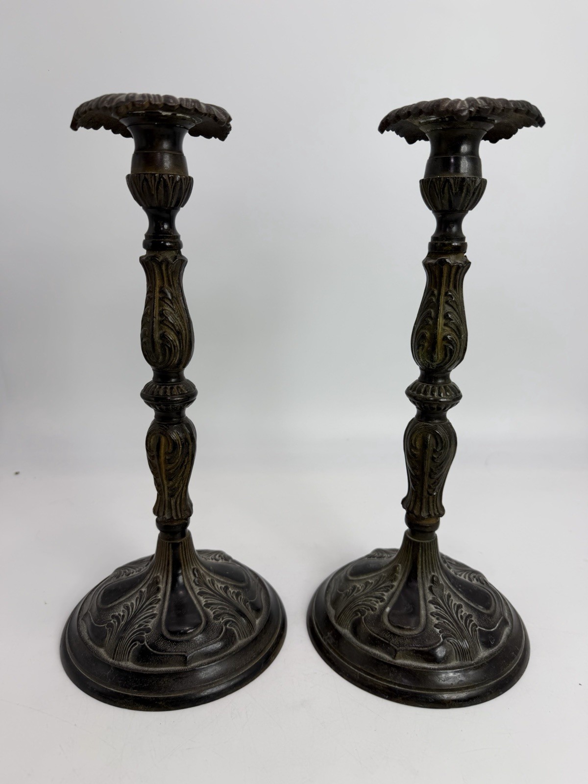 Antique Pair Bronze Metal Candlesticks Detailed Leaf Foliage Large Base 19th C