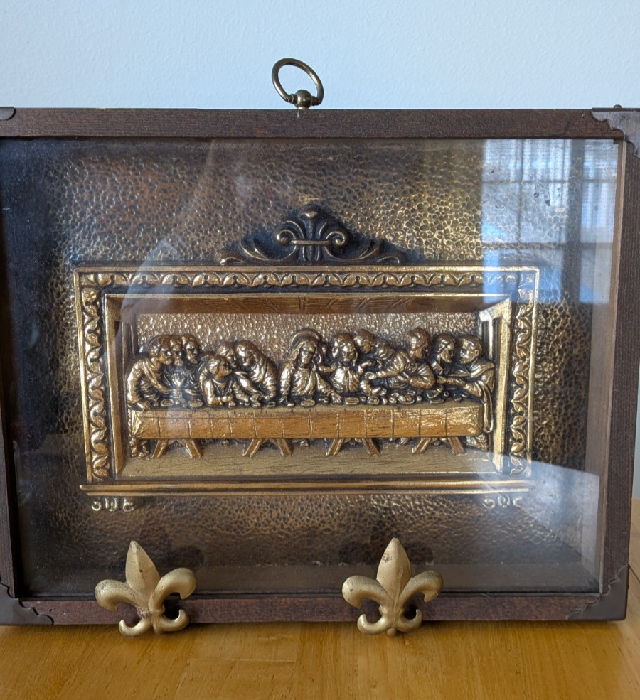 Vintage Last Supper 3D Wall Plaque,Wooden Frame Bronze Relief Art Catholic 13\
