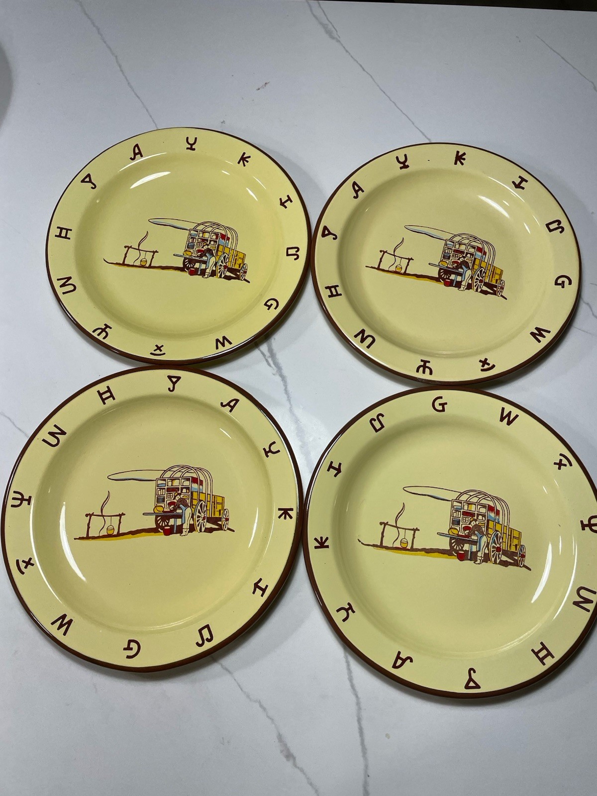 4 Vintage Monterrey Western Wear Dinner Plates Chuckwagon Cowboy 10.25\