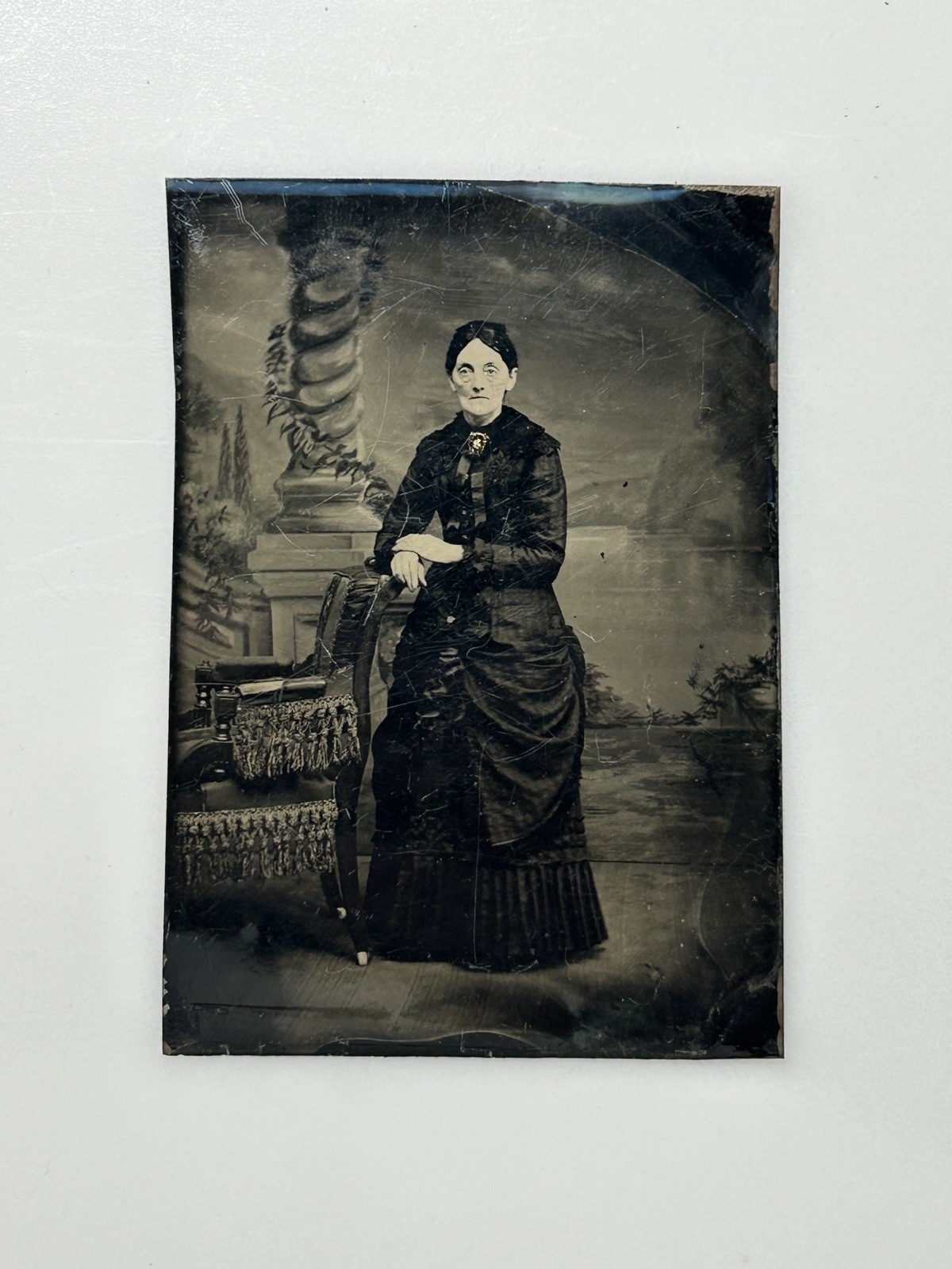 Antique 1800s Tintype Photo Woman Full Length Victorian Dress Brooch Portrait