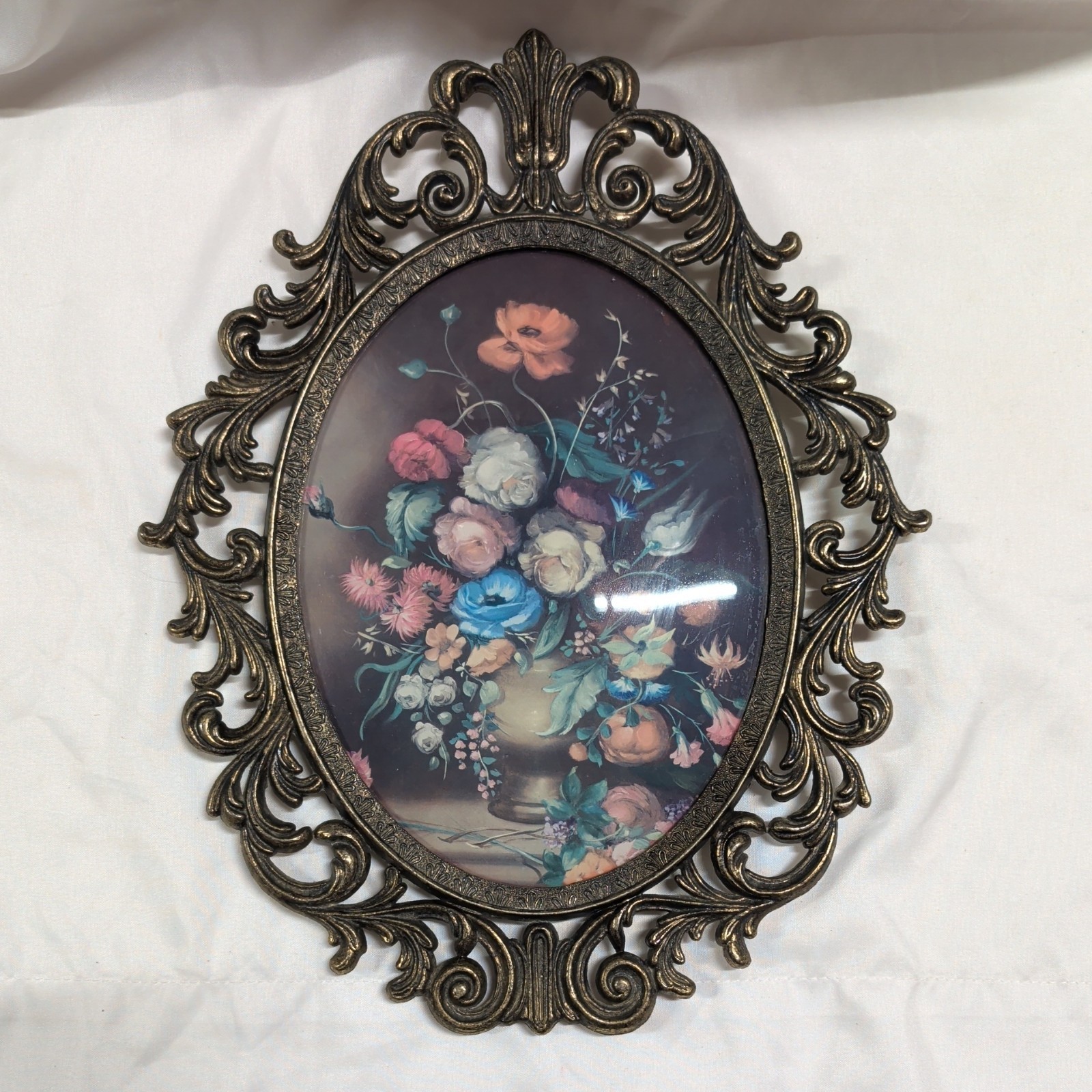 Vintage Brass Victorian Look Wall Frame With Floral Picture 13.5'' H