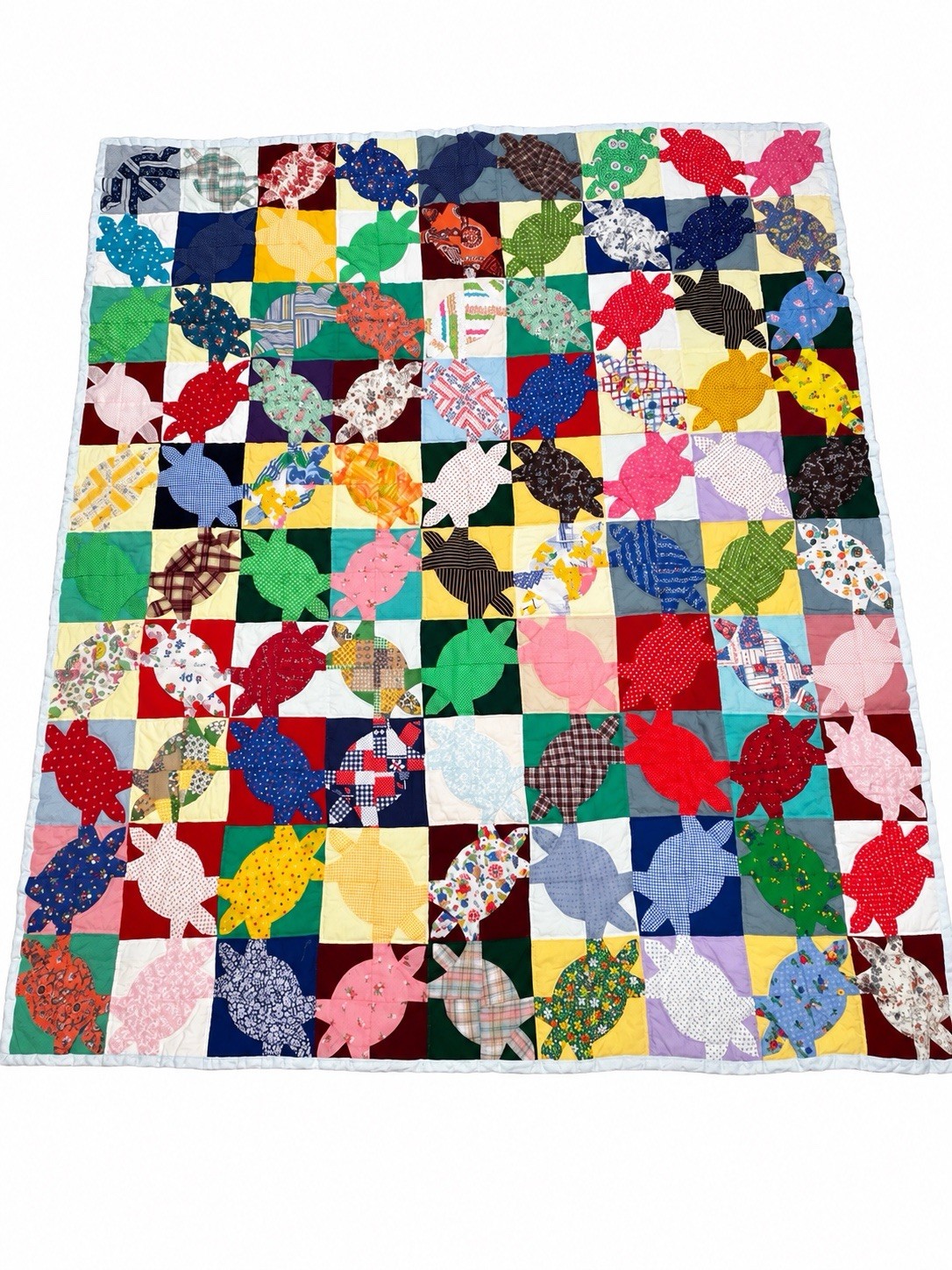 RARE Vintage Antique Patchwork Quilt UNUSUAL TURTLE DESIGN Hand Quilted HUGE