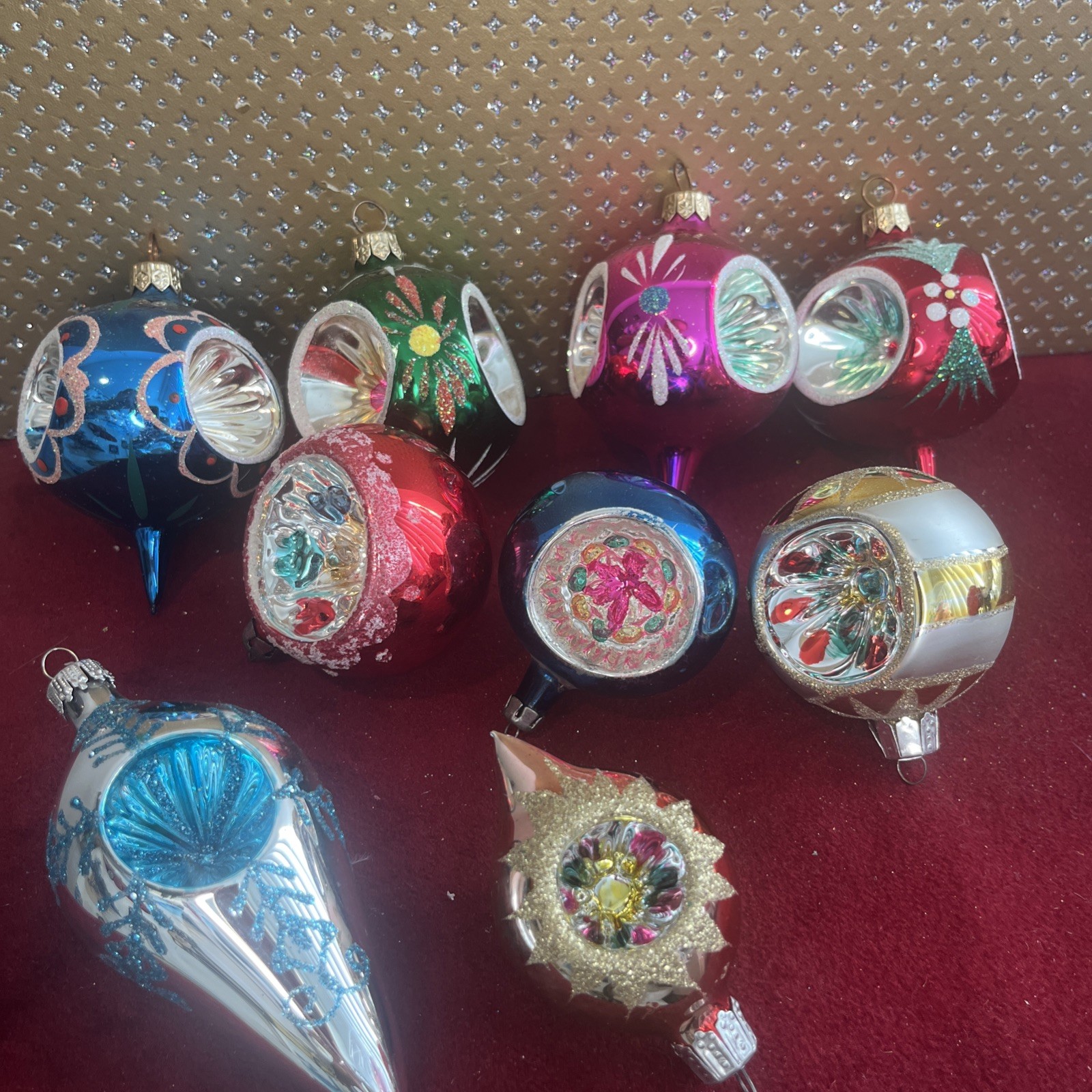 Lot Of 9 Vintage Indent Reflector Small Mercury Ornaments Glitter