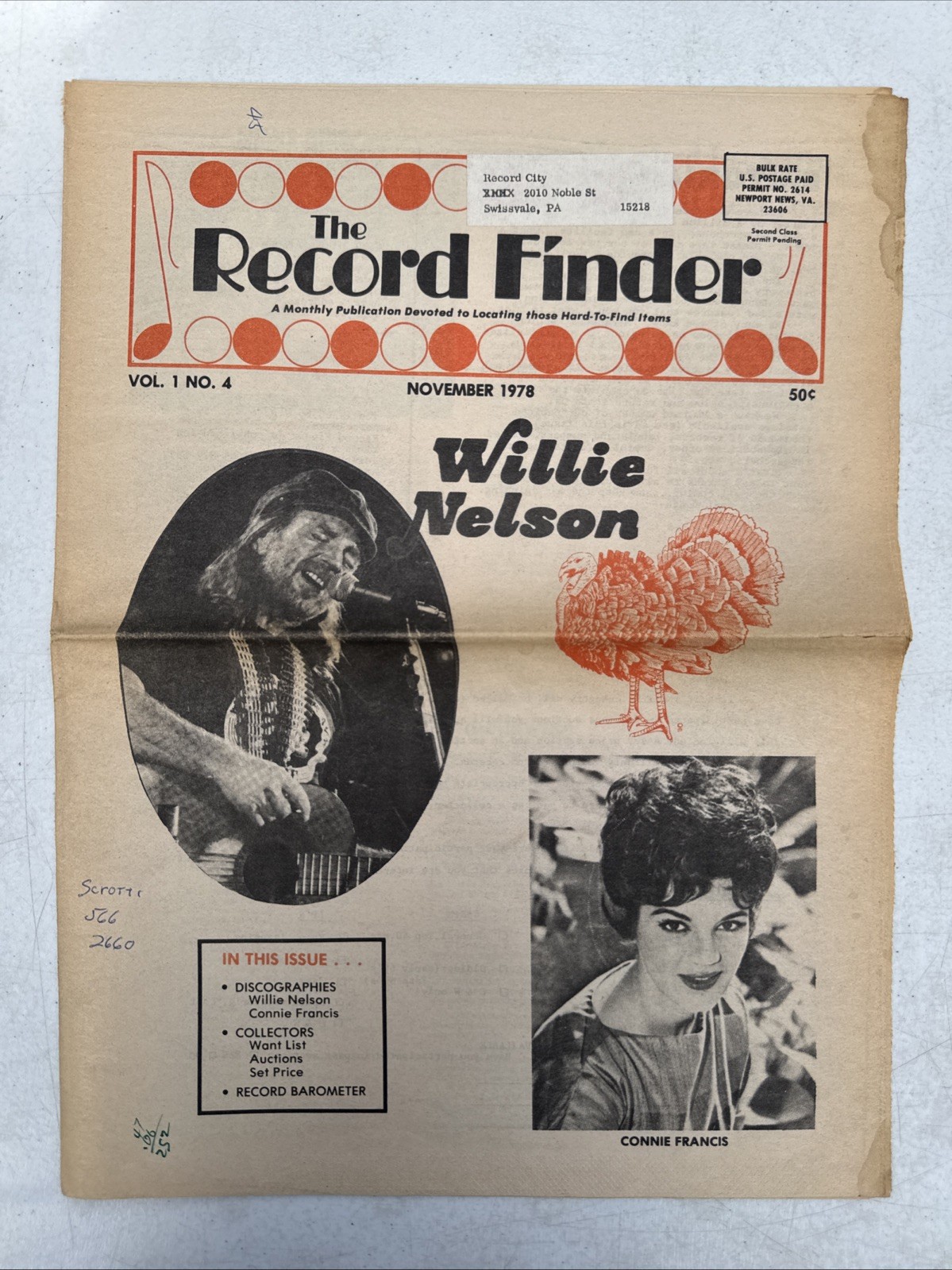 November 1978 The Record Finder Newspaper Willie Nelson Connie Francis  (BM43)