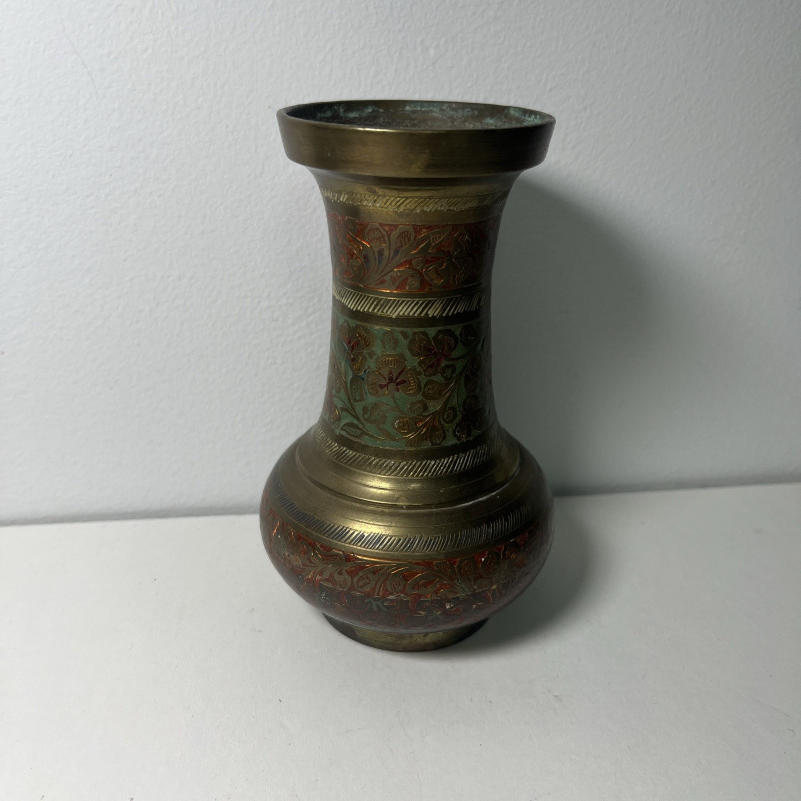 VTG Solid Brass Etched Vase Made In India