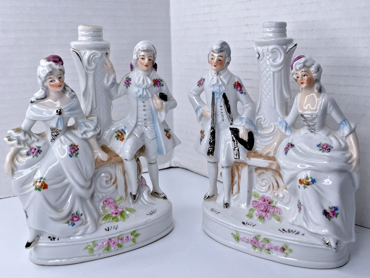 Antique German Porcelain Figural Candelabra Pair Sitzendorf Style Courting Coupl