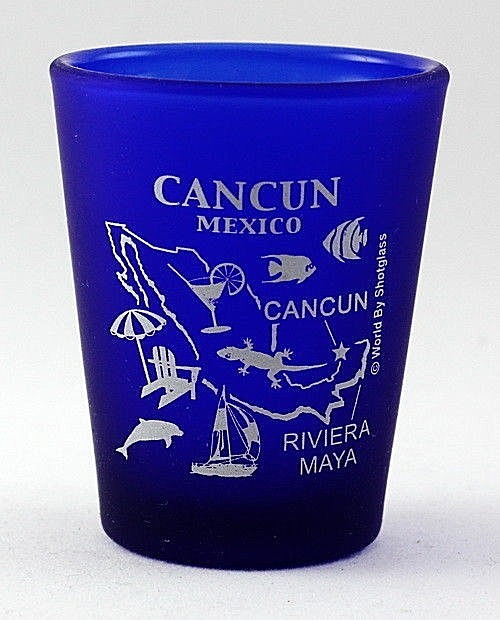 CANCUN MEXICO COBALT BLUE FROSTED SHOT GLASS 