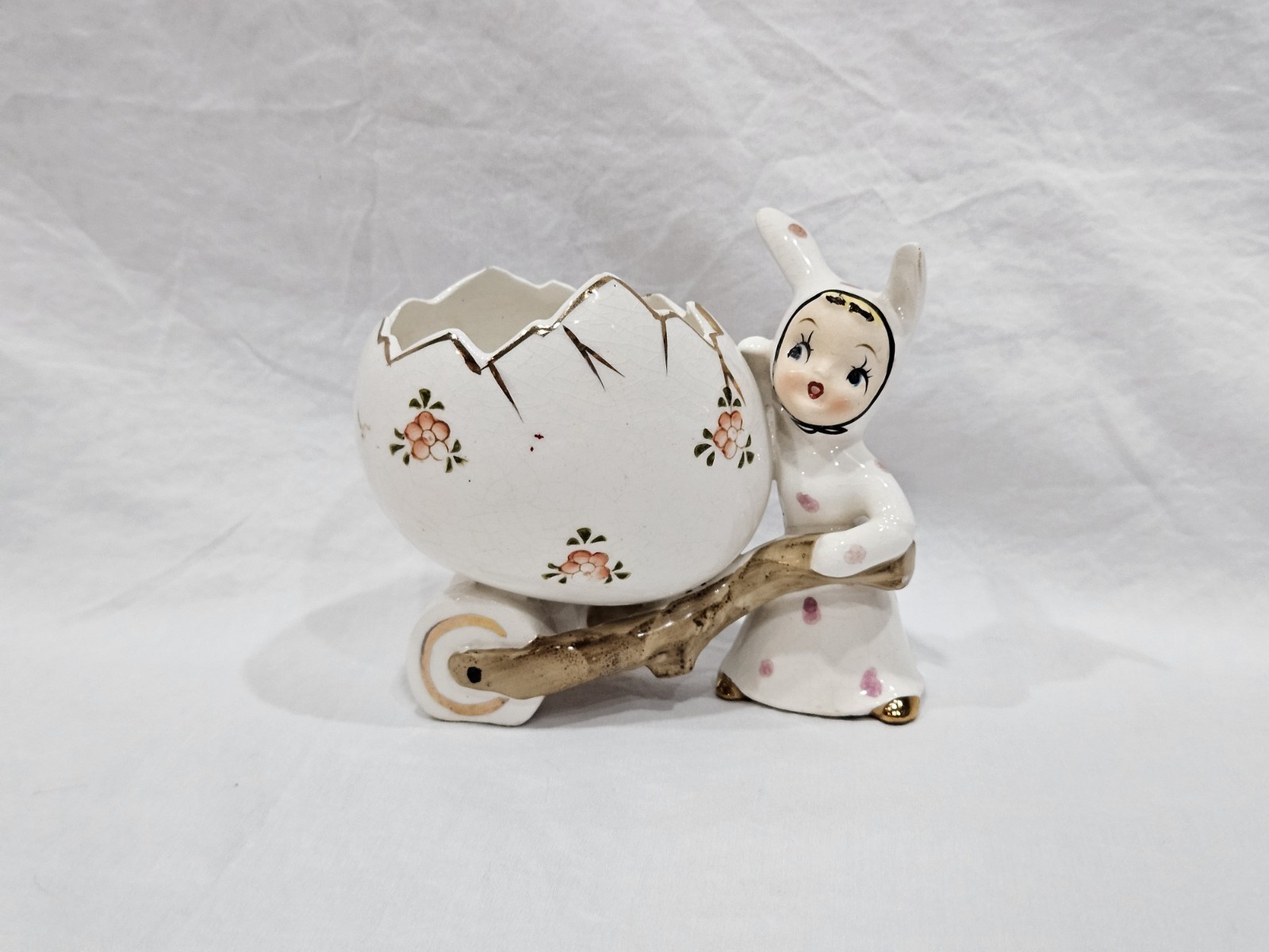 Vintage Dickson Japan Bunny Pixie Girl Easter Egg Cart Planter 1950s Ceramic