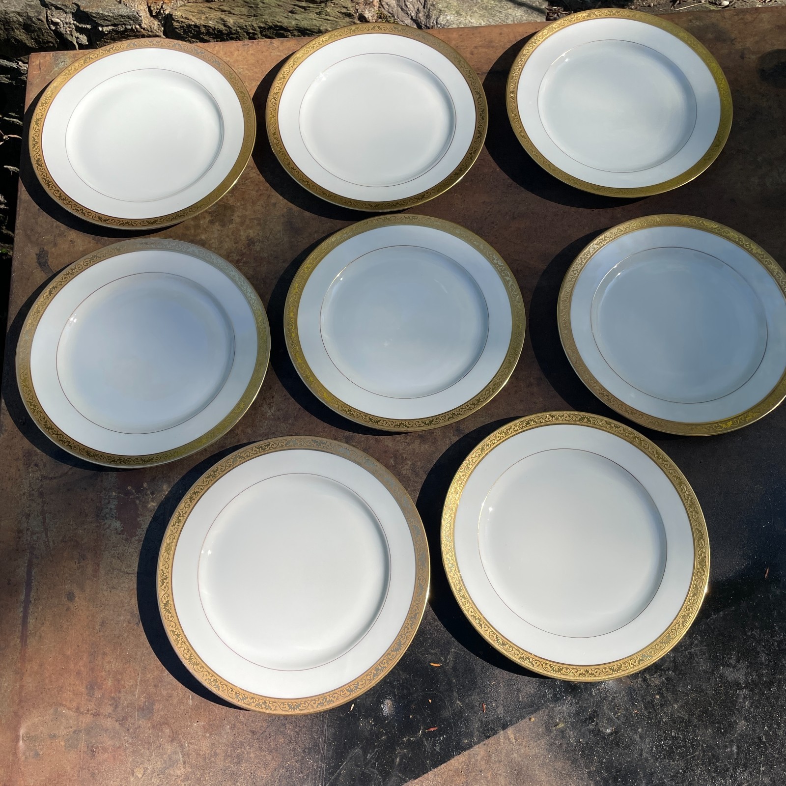 8 Limoges France Gold Plates Vtg Porcelain Ambassaor Pattern Rare Vtg 1900s