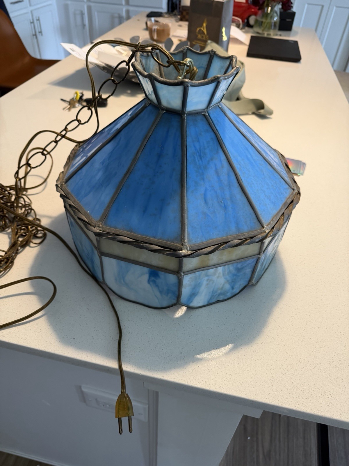 1970’s vintage blue-and-white slag/stained-glass hanging swag lamp