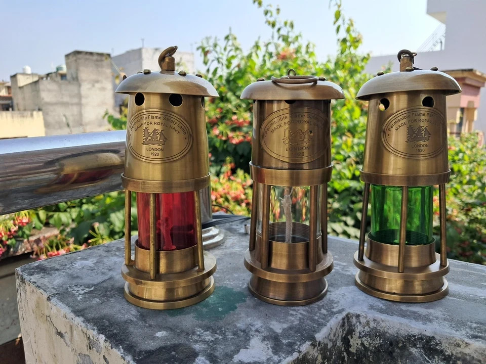 Antique Brass Oil Lamp – Nautical Ship Lantern, Maritime Vintage Lighting 3-Unit