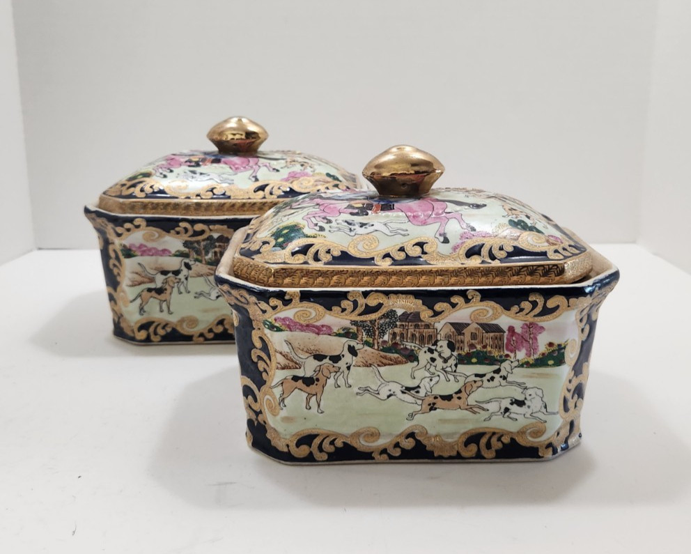 Rare Matching Pair of Vintage Chinese Export Porcelain Fox Hunting Lidded Boxes 
