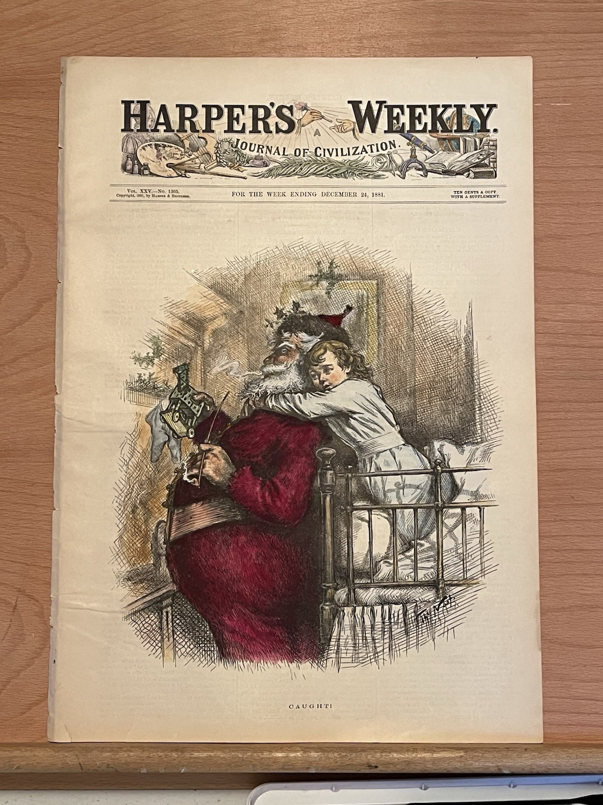 1881 HAND COLORED THOMAS NAST SANTA CLAUSE HARPER’S WEEKLY CHRISTMAS ENGRAVING