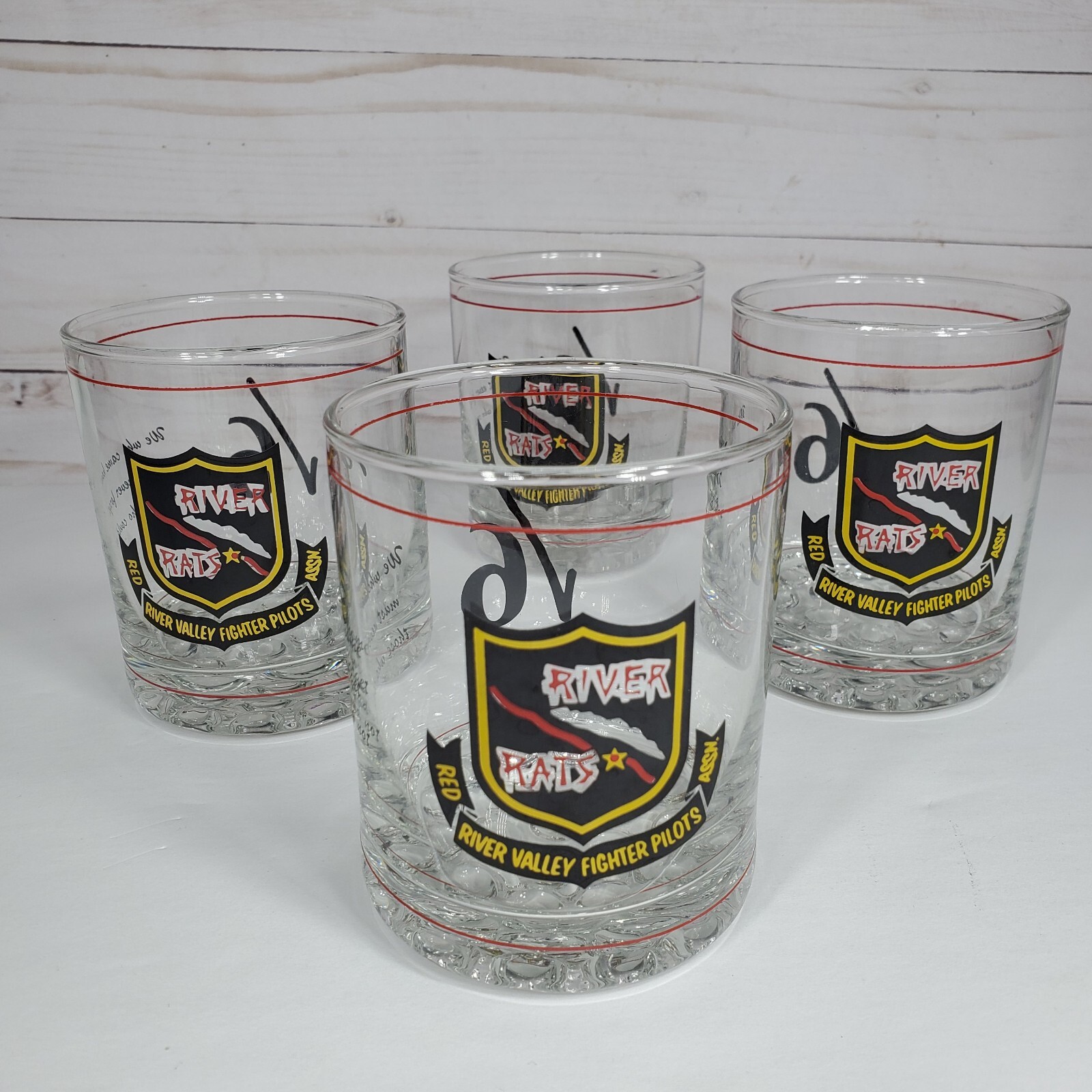 4 pc Red River Valley Fighter Pilots Airmen Glass Set Old Fashioned Dimpled Bar