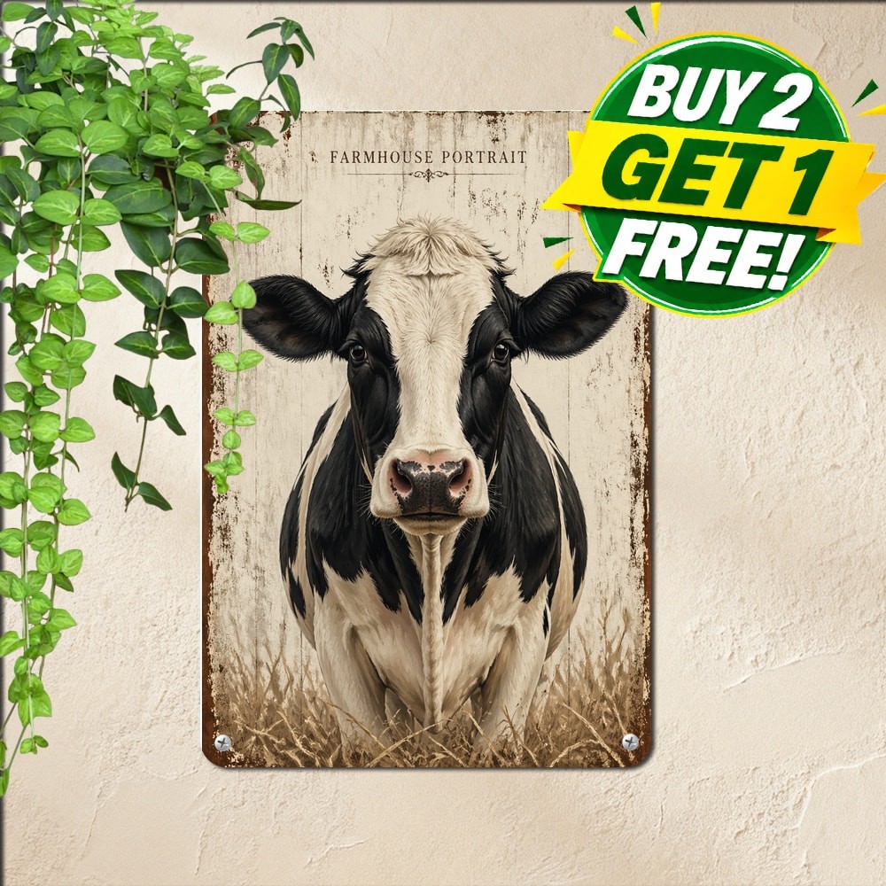 Black White Cow Front Facing Centered Portrait Farmhouse Metal Tin Decor Plaque