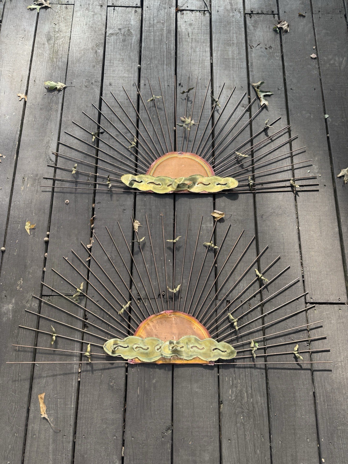Pair VTG Large Metal Wall Art Sunburst Sun Seagulls Birds Brass Copper 39.5\