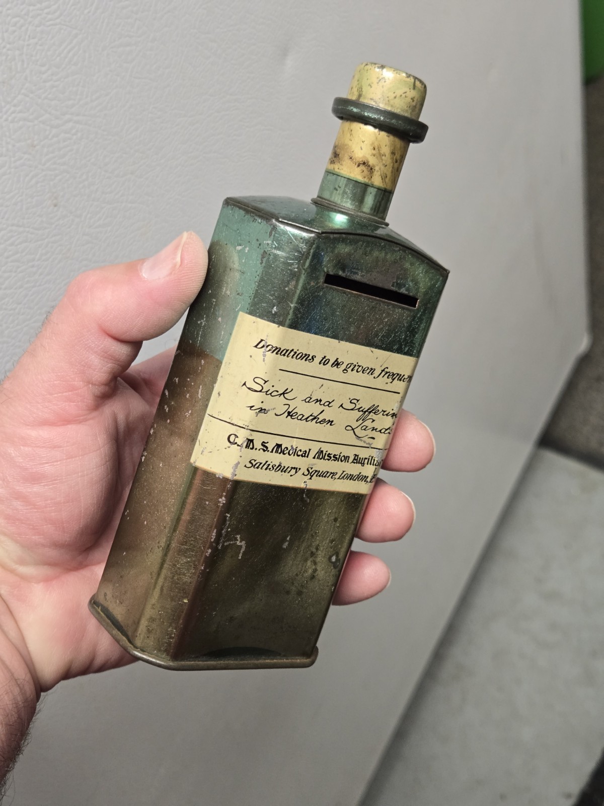 Rare Old Antique CMS Medical Mission Auxiliary Society Donation Tin Bottle Bank