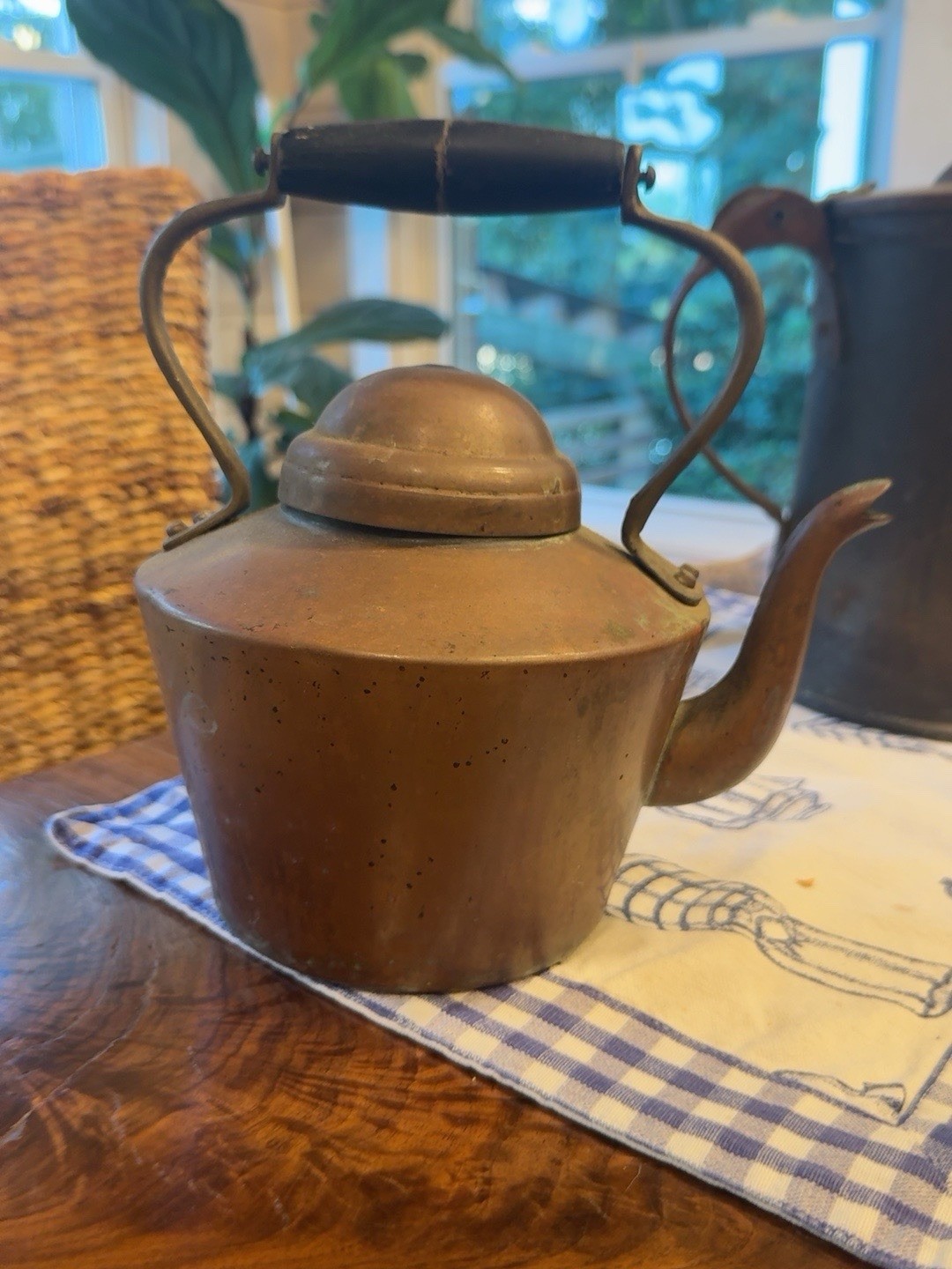 Antique Copper Gooseneck Tea Kettle Wood Bail Handle Primitive Kitchen Decor