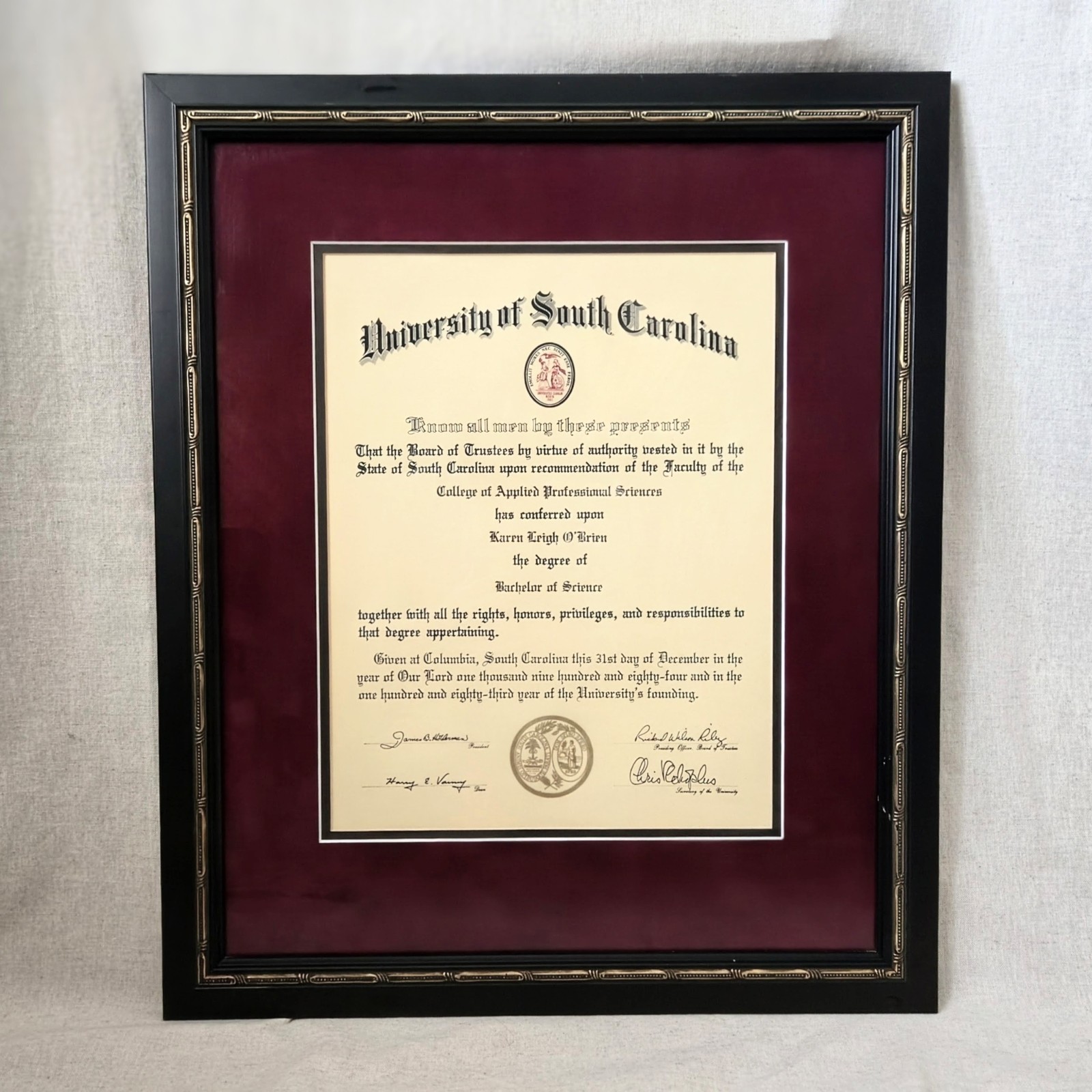 Vintage 18x22 Diploma Frame University South Carolina Bachelor Science USC 1984