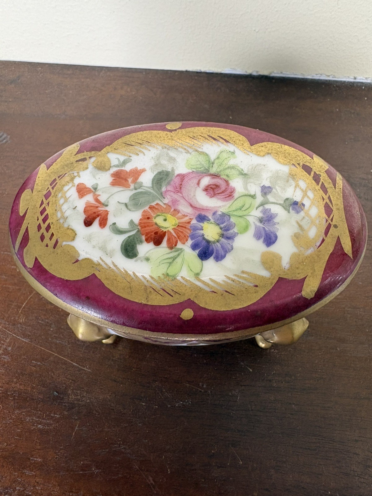 Antique Porcelain Trinket Box Hand Painted Floral DresdenGold Limoges Style Pill