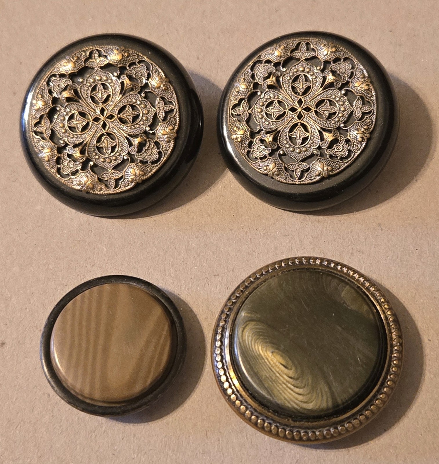 Two Large Antique Filigree Coat Buttons + Two Other Coat Buttons KB1 