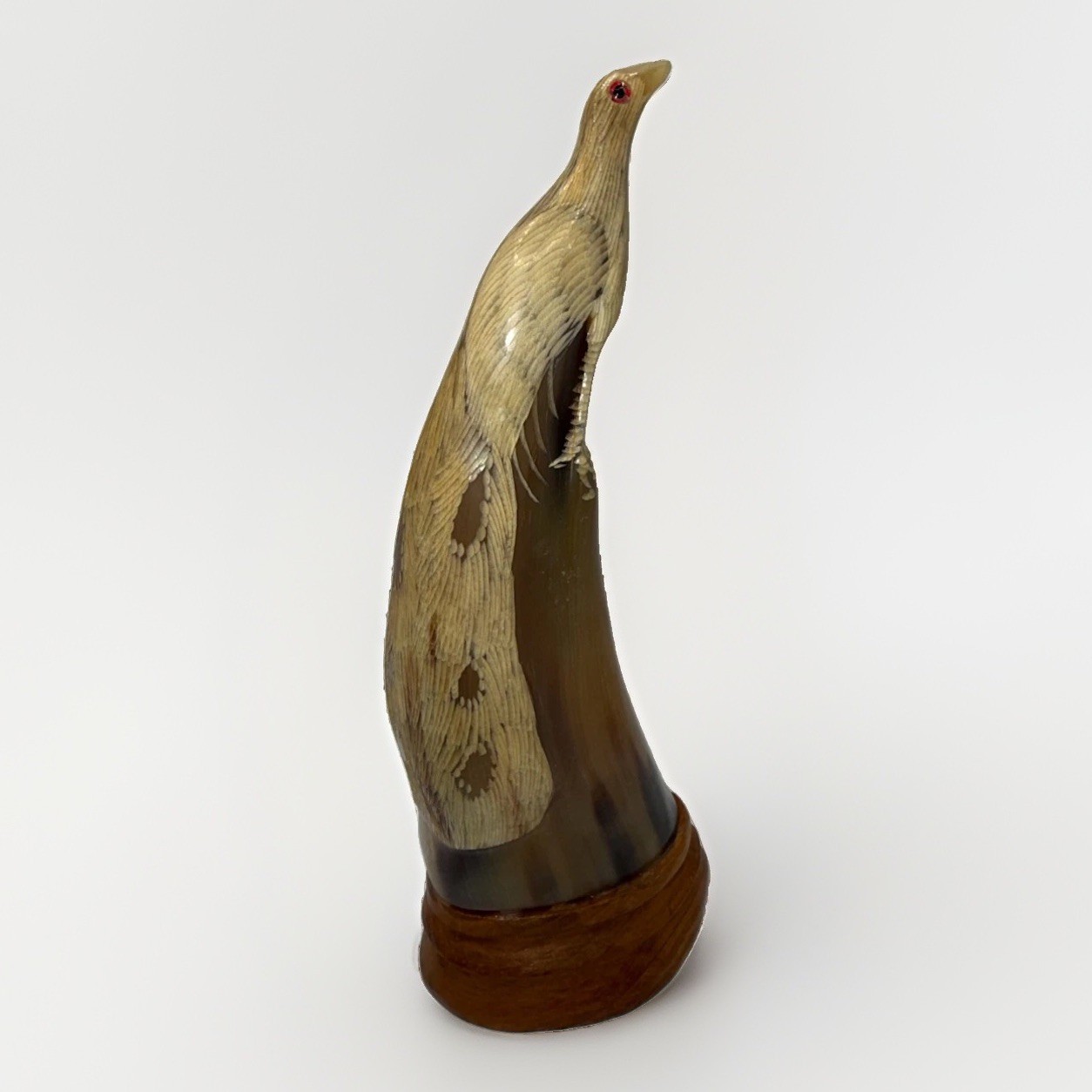 Vintage Hand Carved Horn Peacock Bird Sculpture on Wood Base 10 inch Red Eyes