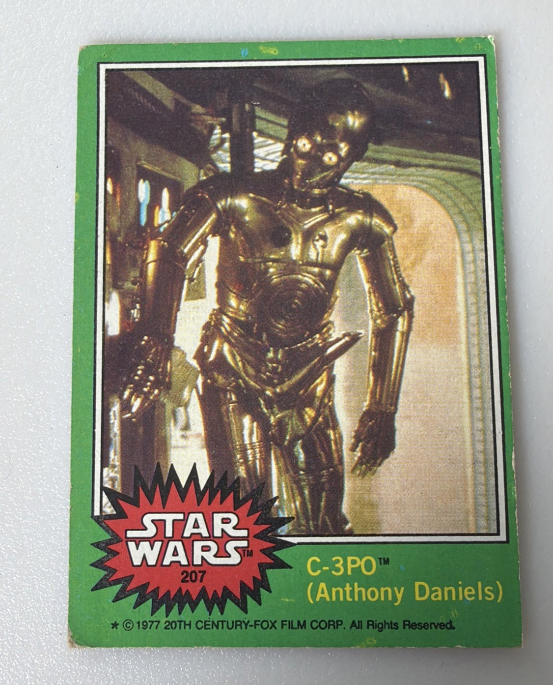 1977 C-3PO TOPPS Vintage Star Wars Golden Rod Error Green Trading Card #207