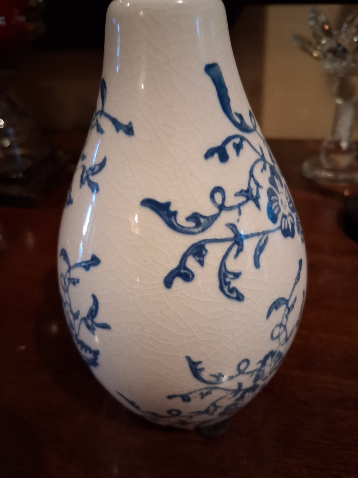 Vintage Blue and White Ceramic Bud Vase 6” Crackle Glaze Floral Chinoiserie...