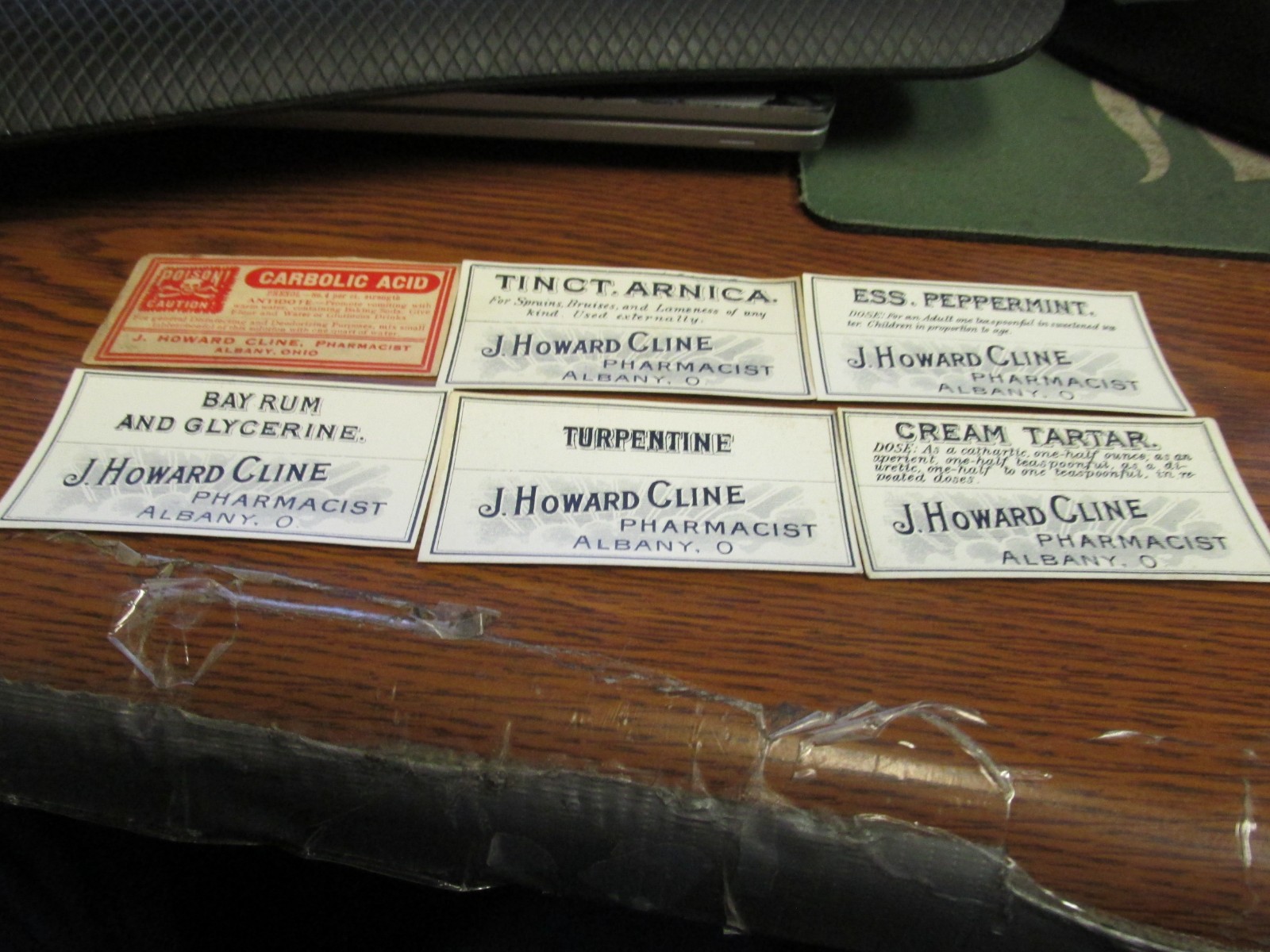 Albany, O. J. Howard Cline Pharmacist 6 different drug store bottle Labels OHIO