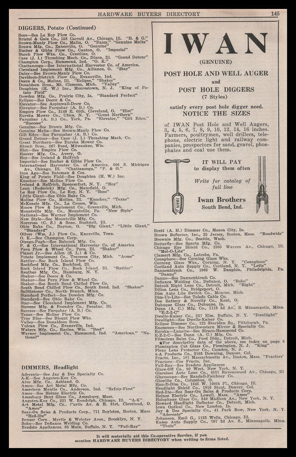 1922 Iwan Brothers South Bend Indiana Post Hole Diggers And Well Augers Print Ad