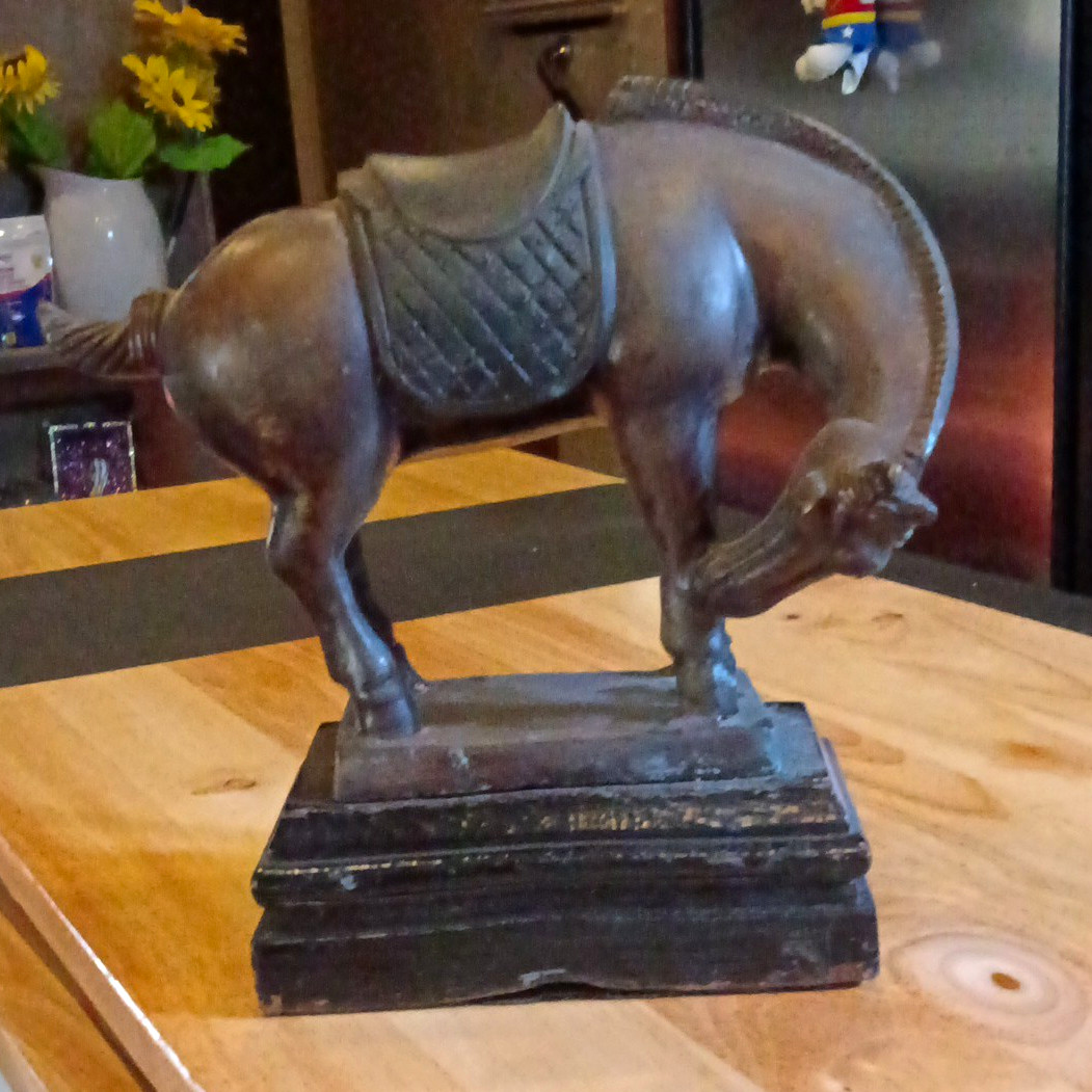 Tang Dynasty War Horse Heavy Bronze Sculpture On wood Base Head Down 7.5\