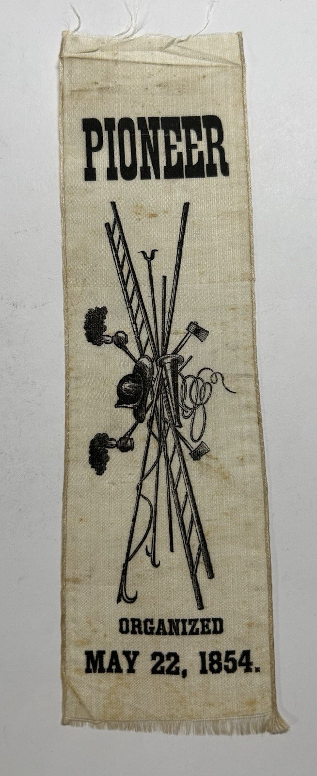 Antique Pioneer Volunteer Fire Dept Ribbon Badge May 22 1854 Graphic Silk 8”Y214