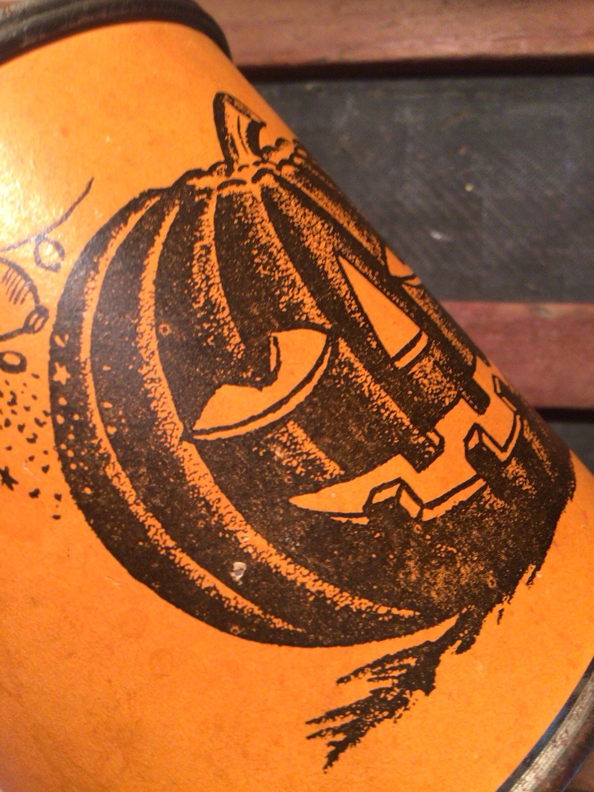 Vintage Halloween Tin Noisemaker Wooden Handle Plunger Pumpkin Black Cat Bat