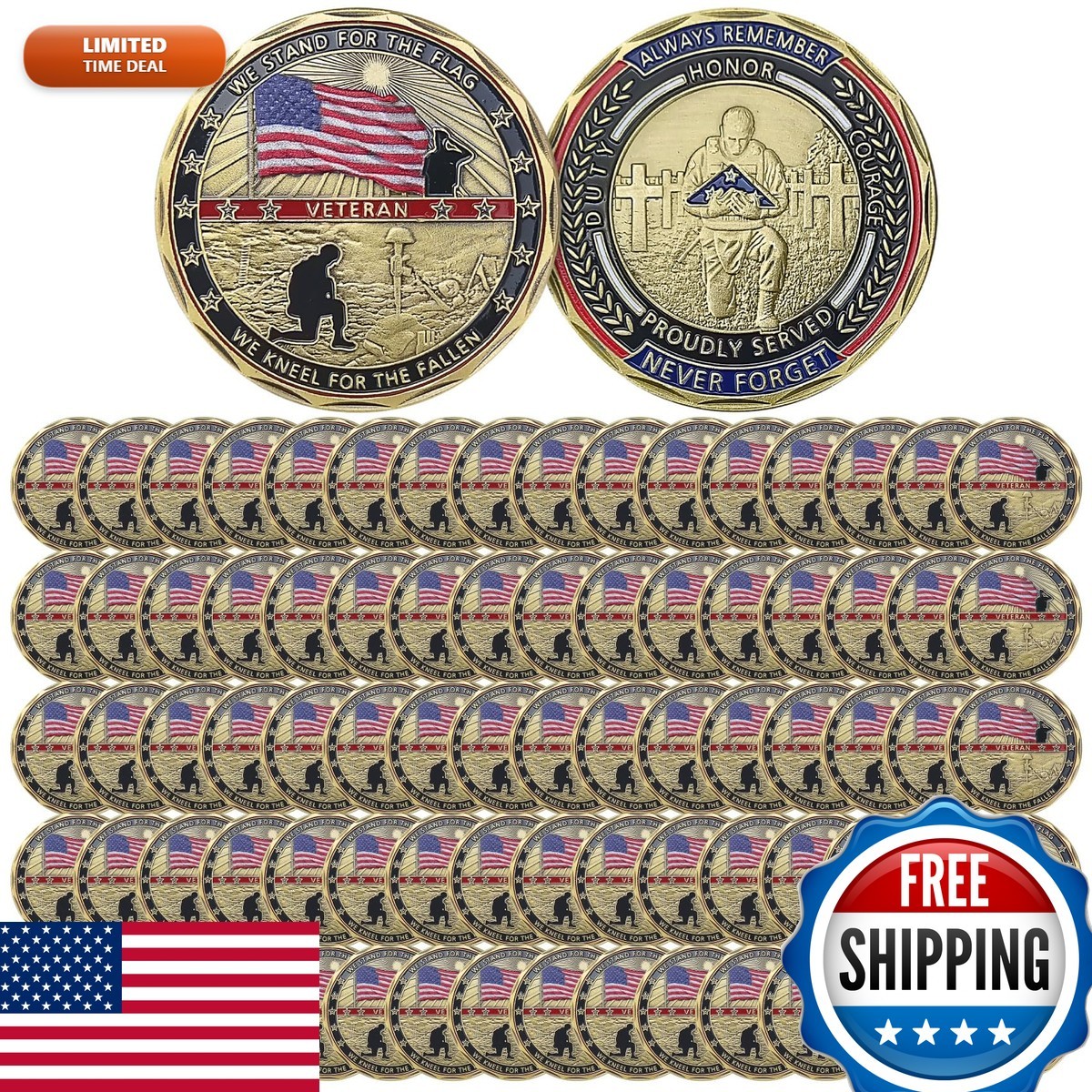 82 PCS Military Challenge Coins - Stand for The Flag Kneel for The Fallen