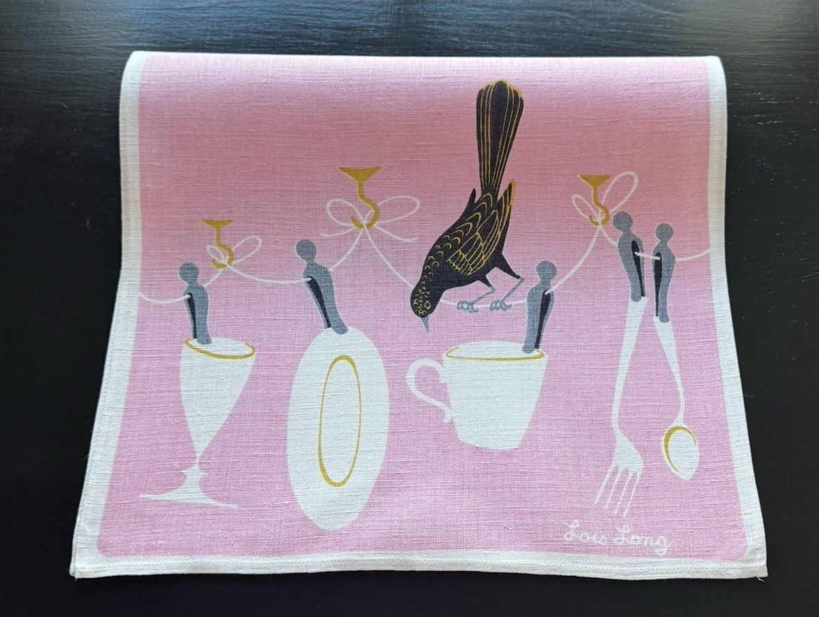 Vintage Lois Long Linen Tea Towel Mid Century Birds & Coffee Cups Pink