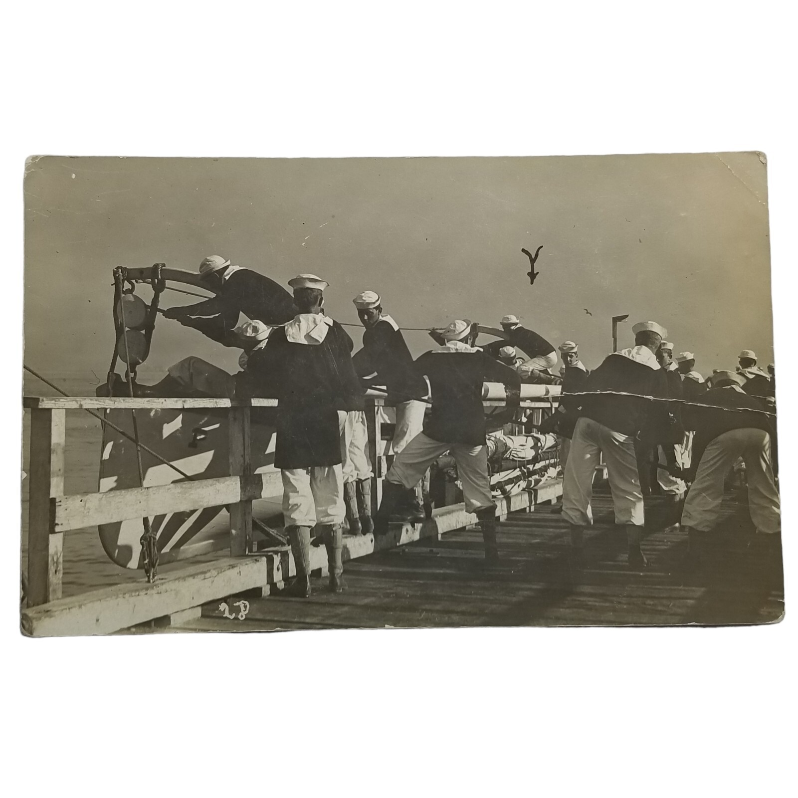 Weatherford TX RPPC c1914 US Navy Sailors Hoisting Cutter Ship Uniform Postcard