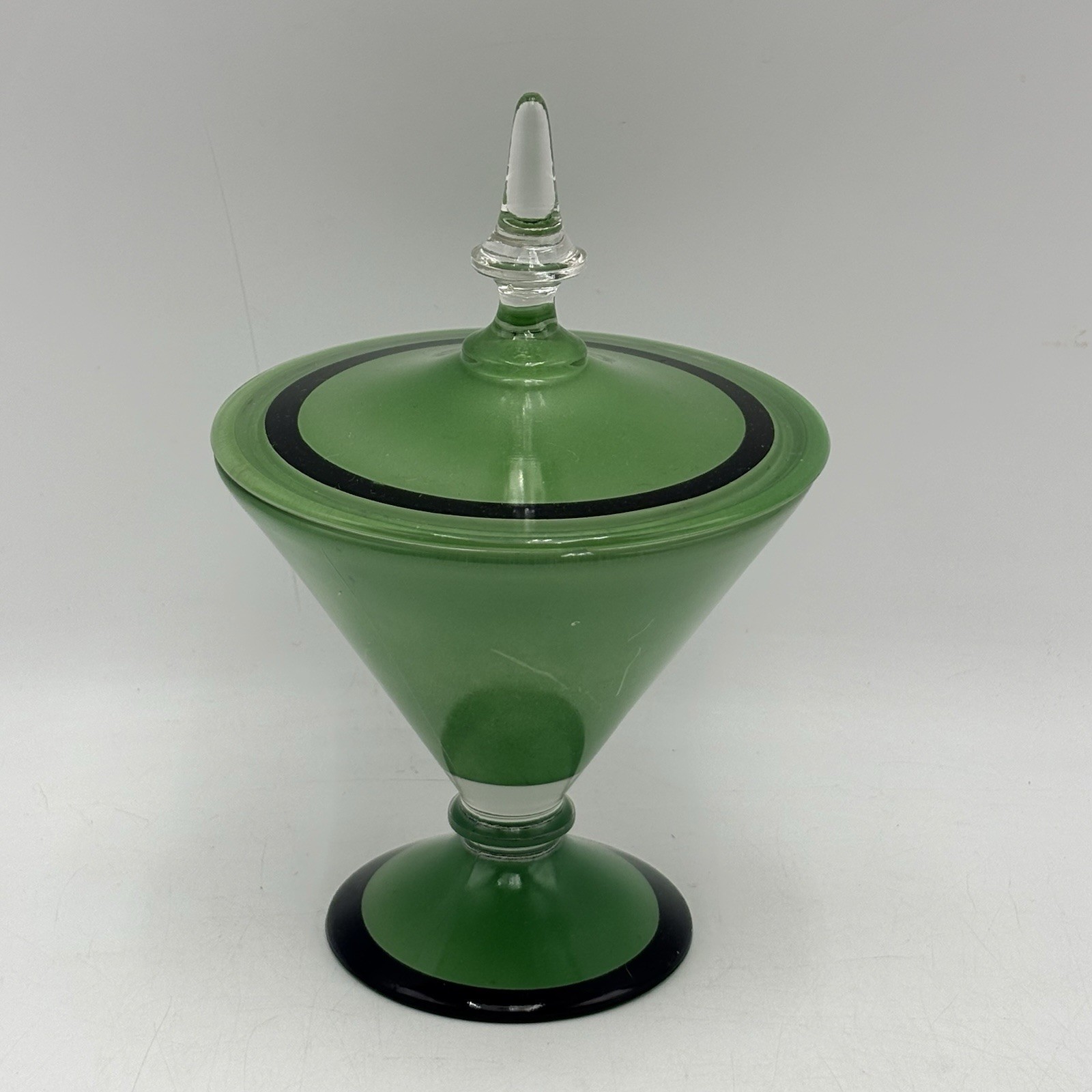 1960\'s Vintage Atomic MCM Black & Green Reverse Painted Compote or Candy w Lid