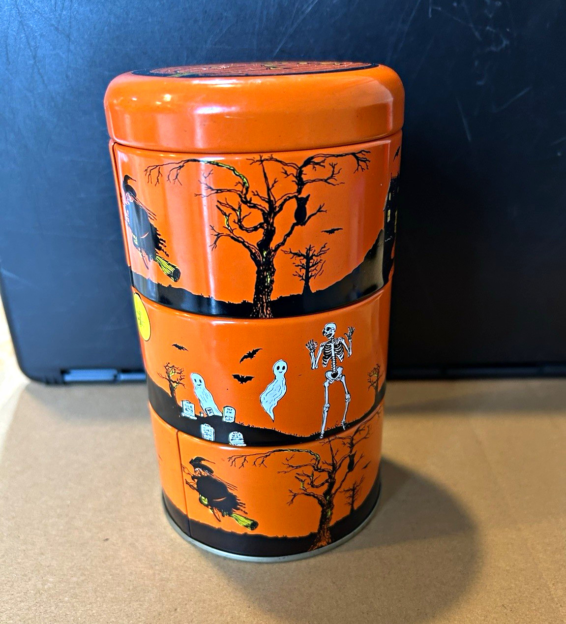 1980’s Halloween Candy Canister Set Tin Litho Graphic Vintage RARE