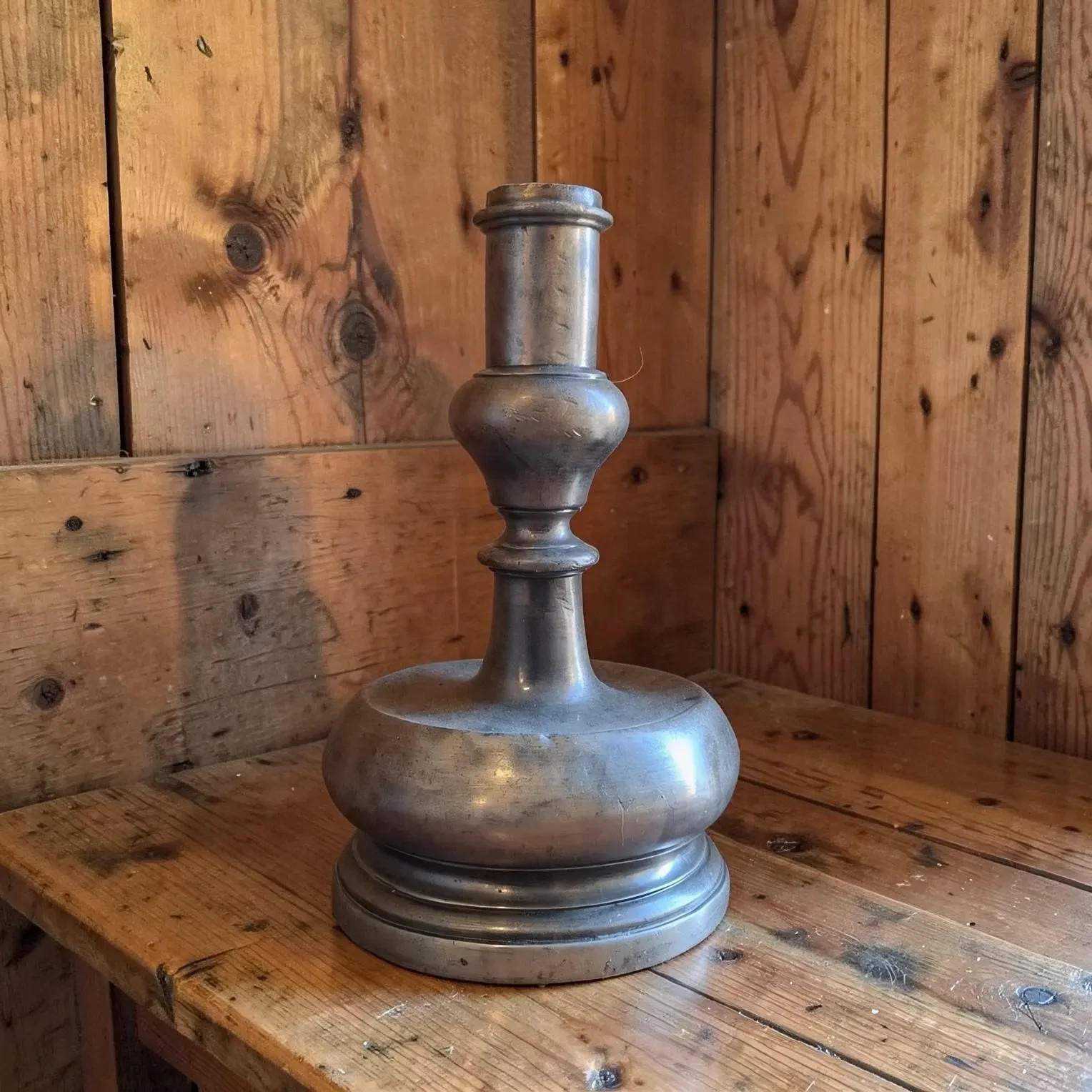Antique Large Primitive 17th Century Bulbous Based Pewter Candlestick 9inch Tall